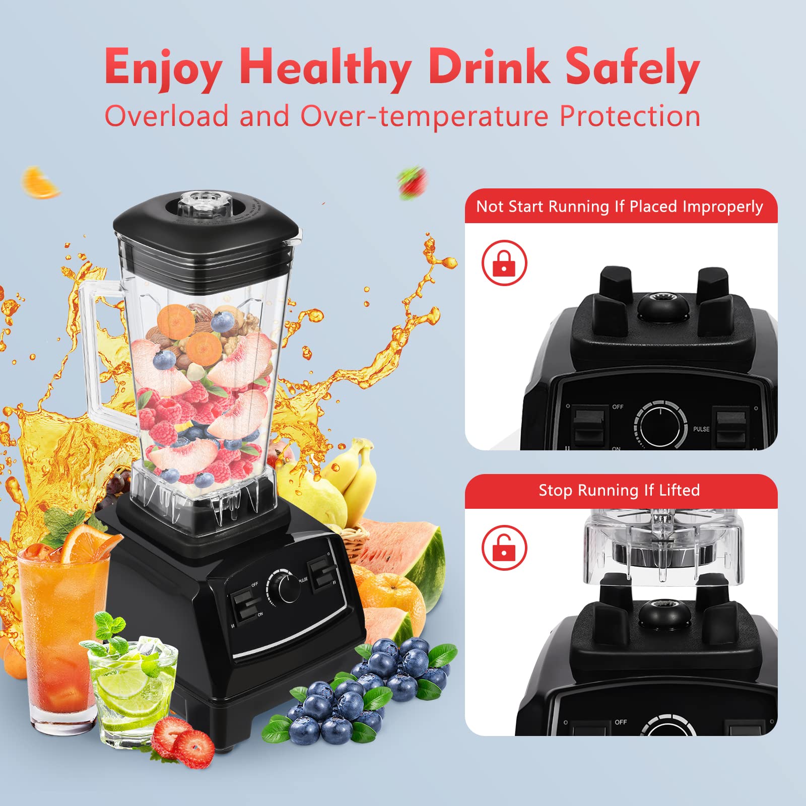 2L Large Capacity Professional Commercial Blender, 2200W Juice Smoothie Machine with Stainless Steel Blade for Smoothies, Ice Crush, Frozen Drinks, Self-Cleaning (Black)