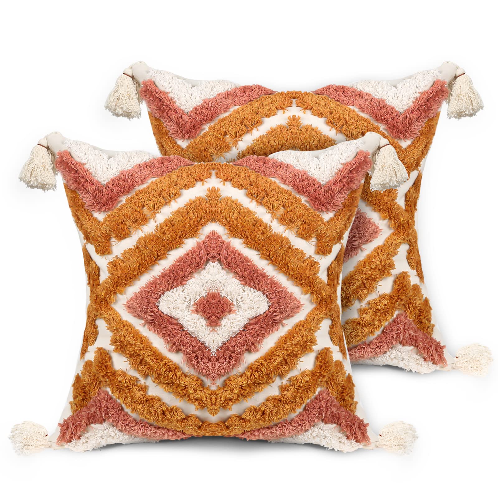 Photo 1 of ANGELLOONG Fall Pillow Covers 18x18 Set of 2, Orange Throw Pillow Covers with Tassels, Boho Pillow Covers for Couch Sofa Bedroom Living Room?No Pillow Insert, 2Pcs? Orange-18*18" 2Pcs