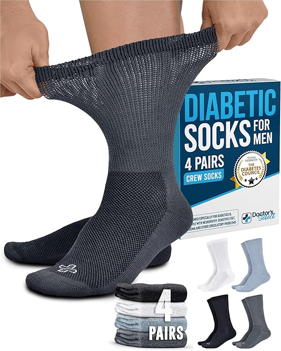 Doctor's Select Diabetic Socks for Men - 4 Pairs Crew Diabetic Neuropathy Socks for Men | Diabetic Socks for Men 9-12
