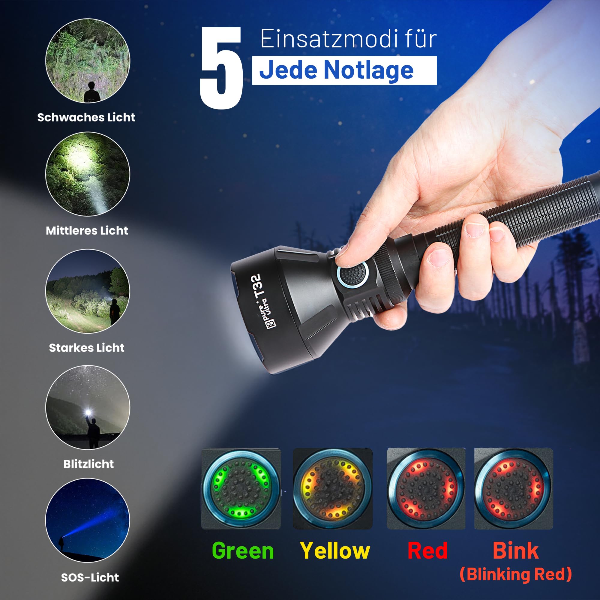 T32 LED Taschenlampe 3200 Lumen – Taktische Einsatzlampe mit 1150 m Reichweite, Stroboskop, USB-C, Holster, IP68, 18650 Akku aufladbar (Basic-Kit)