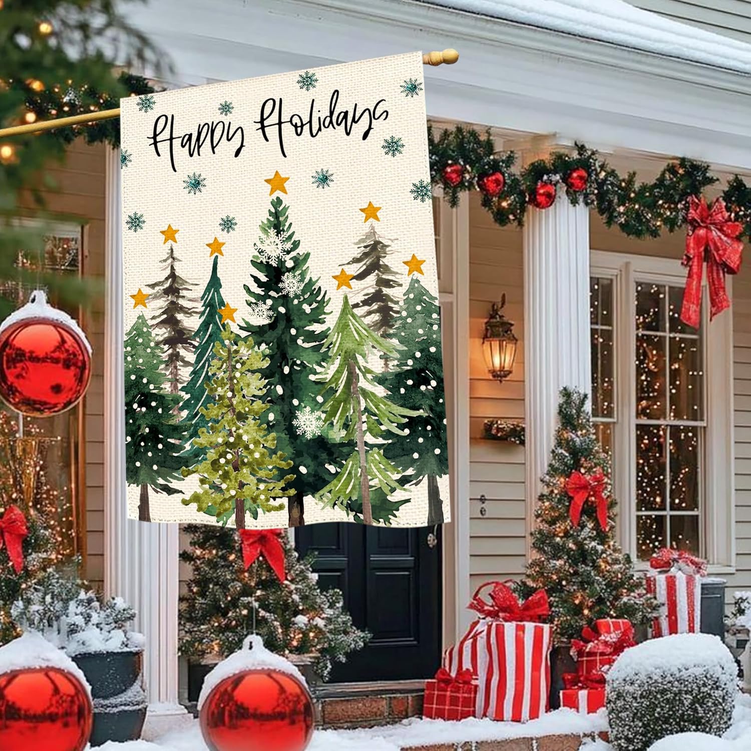 Christmas Winter Forest Tree Welcome House Flag 28x40 Inch Double Sided, Xmas Winter Snowflake Burlap Large Yard Flag Holiday Farmhouse Flags Seasonal Patio Outdoor Outside Decoration - Image 4