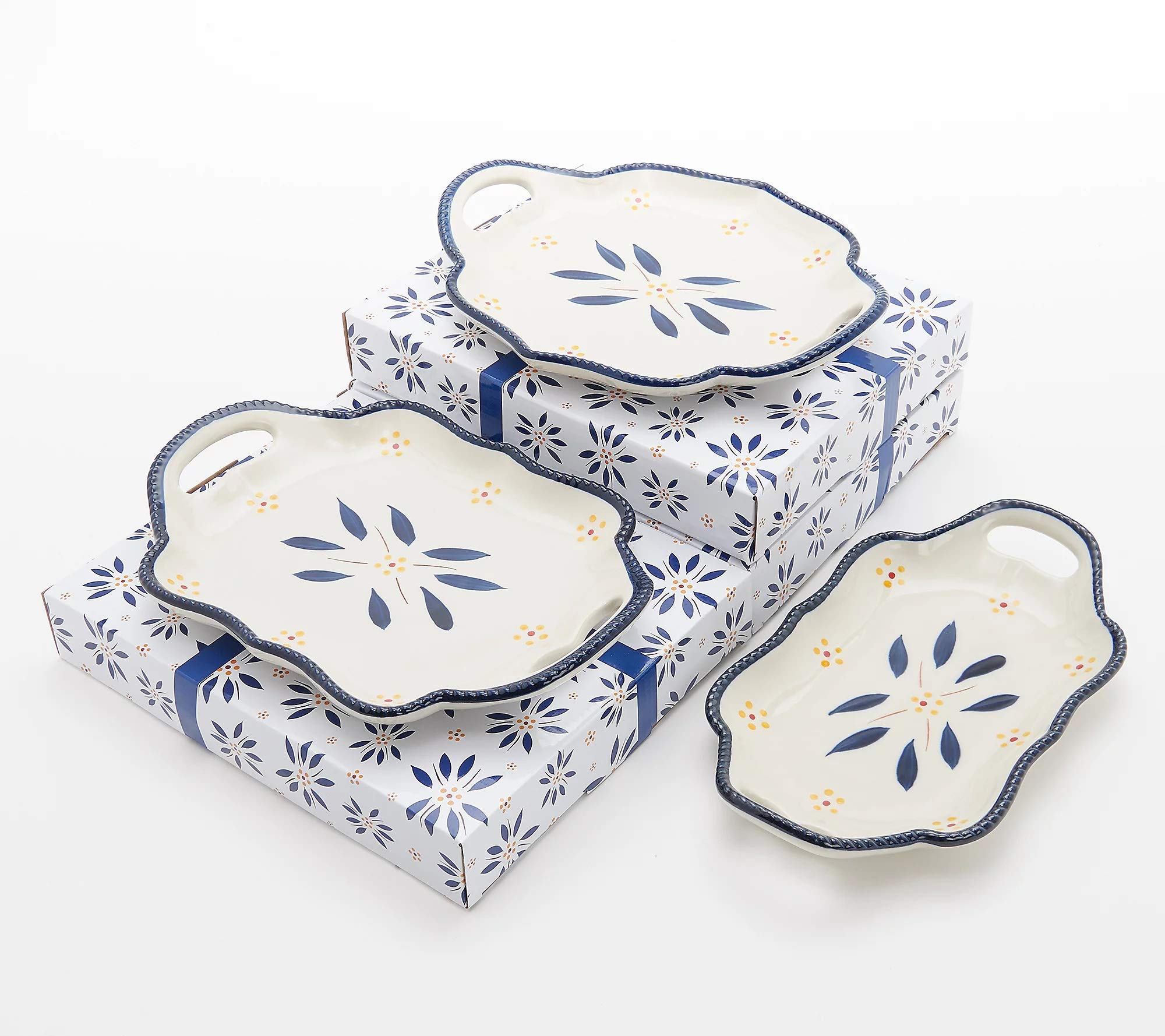 Temp-tationsOld World 10-inch Platter with Gift Box Set - 3 Piece - Blue - Oven Microwave Freezer Refridgerator Safe Ceramic hand painted bakeware for baking serving tray kitchen cooking gift