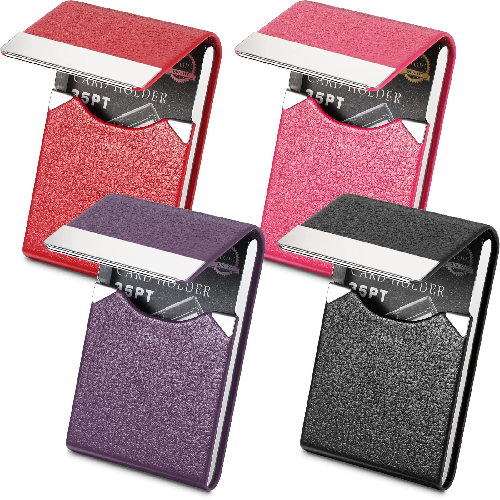 Photo 1 of 4 Pieces Business Card Holder PU Leather Business Card Case Pocket Card Holder Wallet with Magnetic Clasp RFID Blocking Business Card Carrier Organizer Metal Slim Name Card Holder for Men and Women