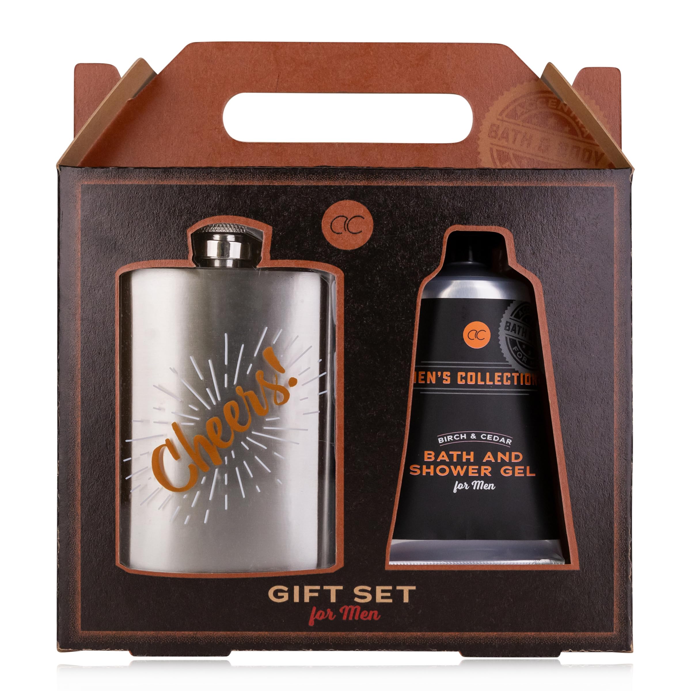 Accentra MEN'S COLLECTION zestaw upominkowy dla mężczyzn, piersiówka ze stali nierdzewnej, żel do kąpieli i żel pod prysznic 60 ml w pudełku prezentowym z papieru typu kraftowego, brązowo-czarny