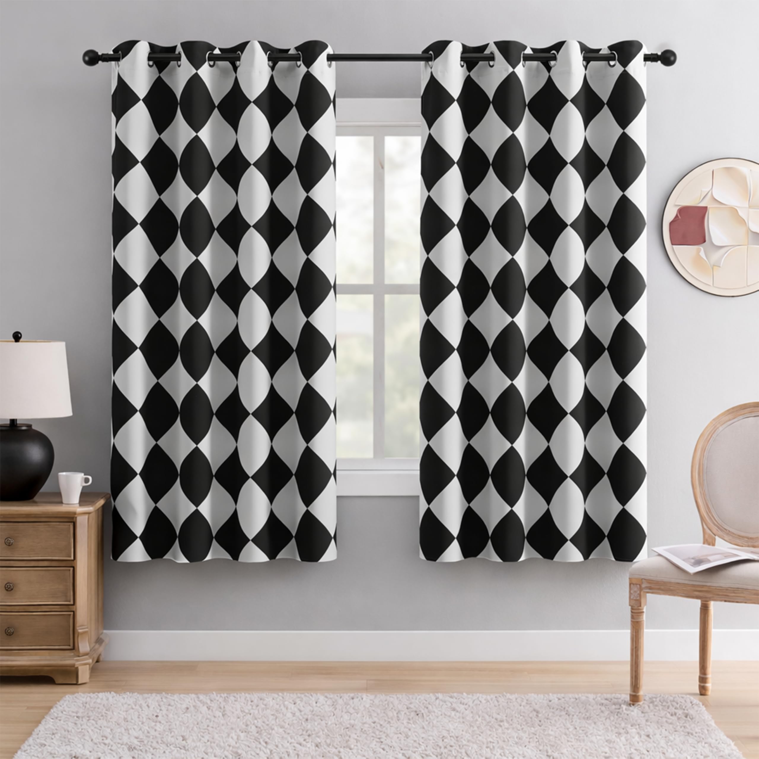 BOHOMOCASA Black and White Diamond Pattern Blackout Curtains for Living Room, Modern Geometric Window Drapes, 100% Light Blocking Curtains for Bedroom, Grommet Top 52 x 63 Inches, 2 Panels โ image 1