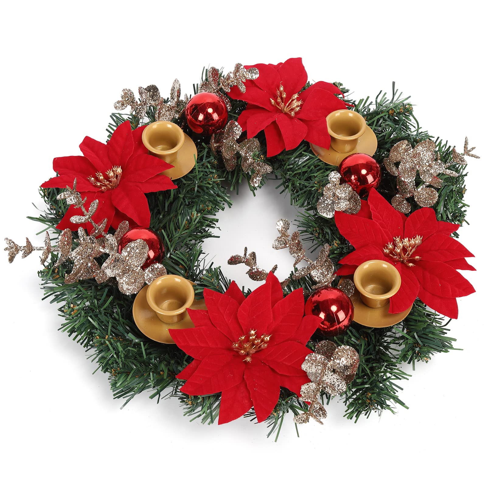 LinTimes Advent Wreath for Christmas, 13 Inch Artificial Table Wreath with Candle Holder, Christmas Baubles, Christmas Flowers and Golden Eucalyptus - Red