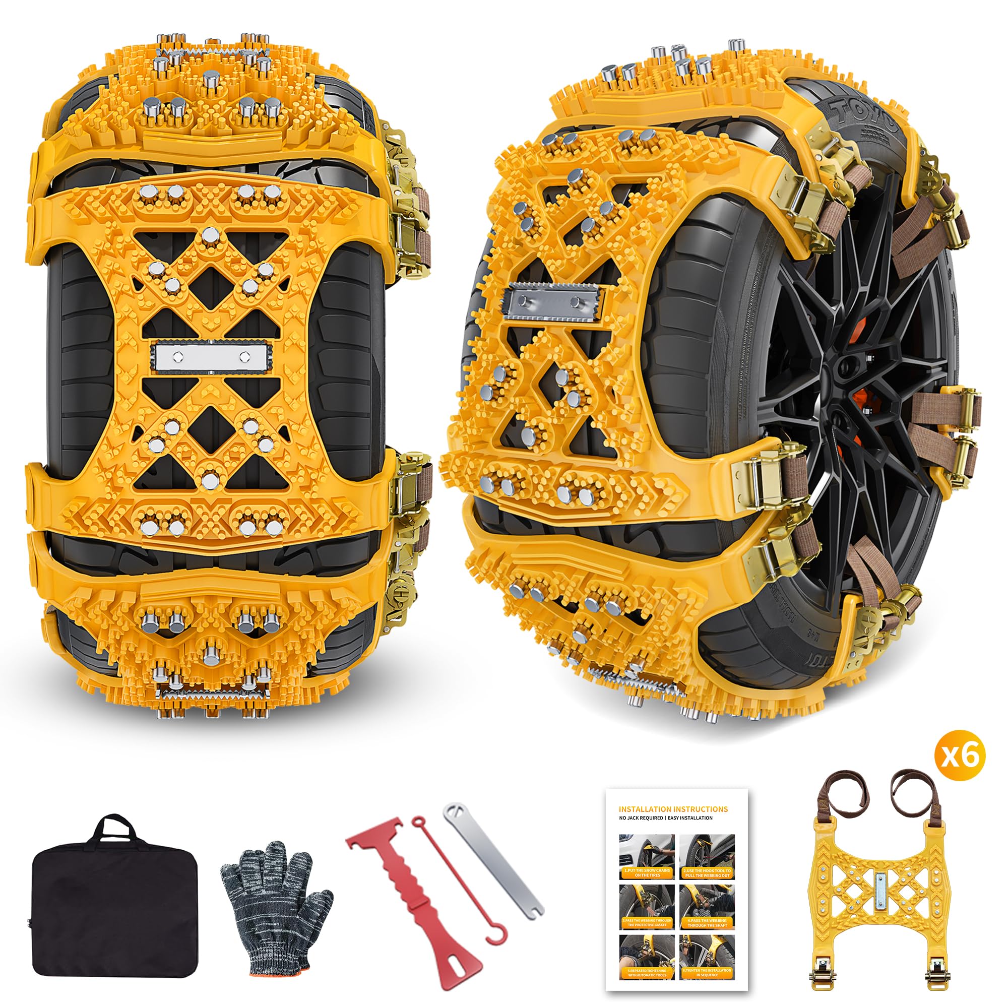Universal Schneeketten für Auto & SUV - 6 Stück Anti-Schneeketten für Eis, Schnee & Matsch (Reifenbreite 165-265mm/6.5-10.4'')