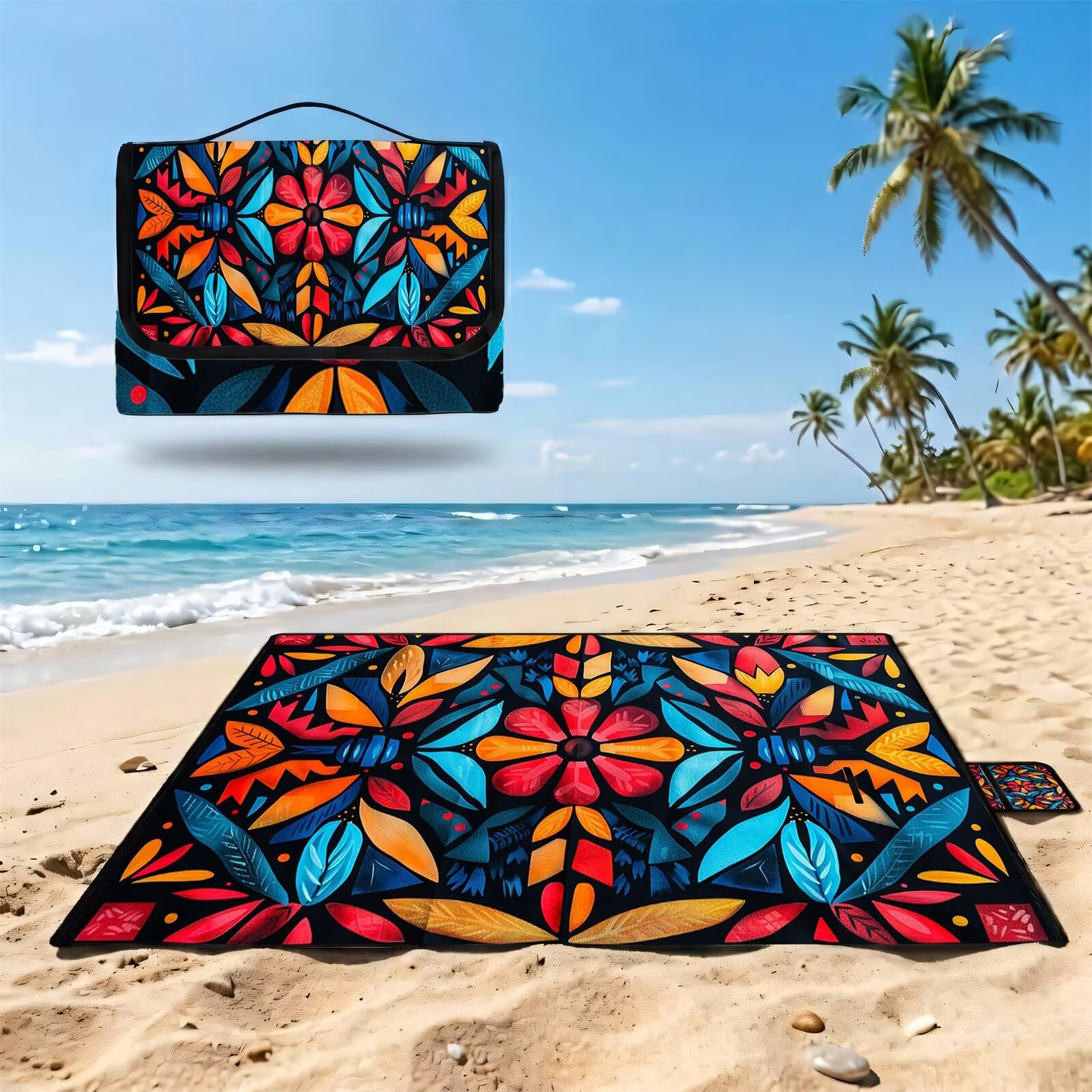 Couverture de Pique-Nique Grande 200x300cm,Outdoor Couverture Imperméable,Pliable Tapis de Plage Dos en PVC Anti-Sable,Picnic Blanket pour Camping Accessoires,Jardin,Parc - Mandala coloré UZ-912