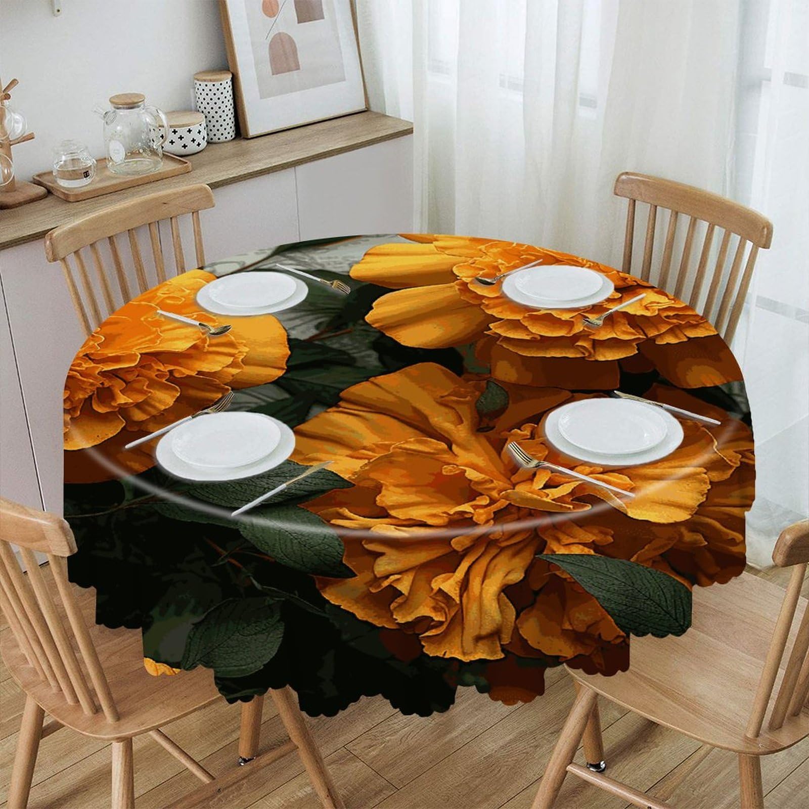 FekiLoot Marigold Round Tablecloths 60 Inch Resistant Washable Polyester Table Cloth Style Decorative Circle Fabric Table Cover for Dining Kitchen Party Farmhouse Outdoor