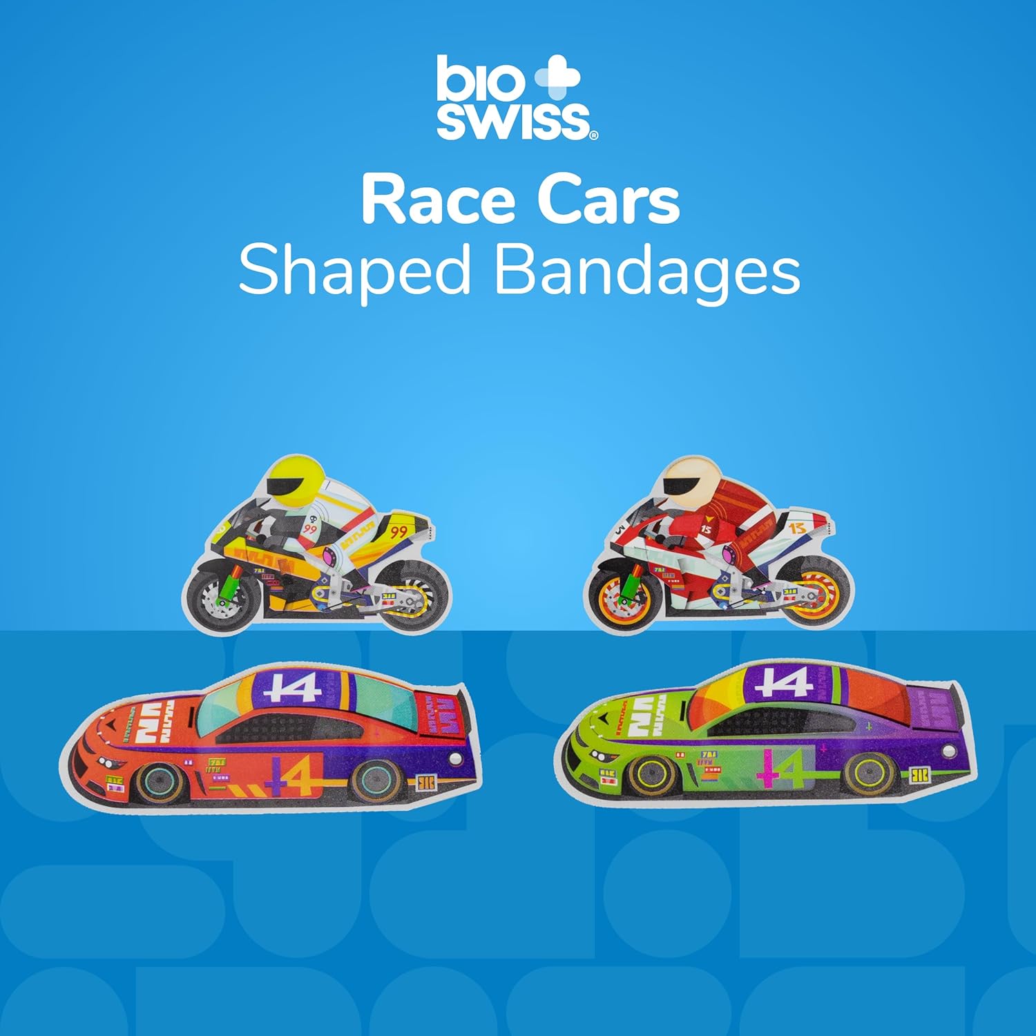 BioSwiss Bandages, Race Cars Shaped Self Adhesive Bandage Set, Latex Free, Sterile Wound Care, 24 Count