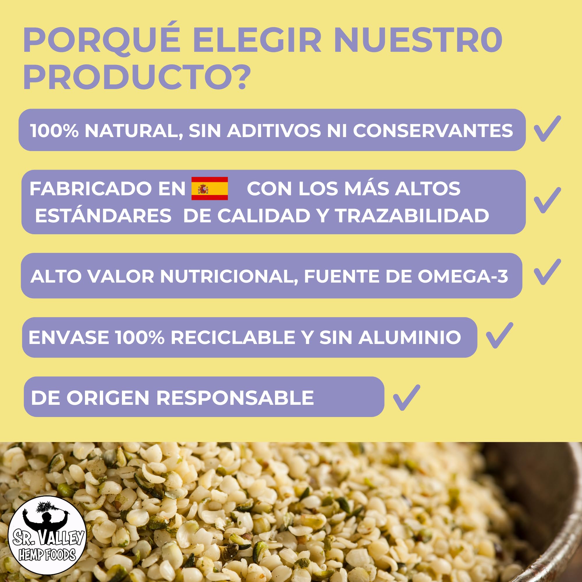 Sr Valley Semillas de Cañamo Peladas 1000 g sin aditivos | Origen España | Semillas 100% naturales, descascaradas y tiernas | Super alimento rico en proteína vegetal y ácidos grasos esenciales