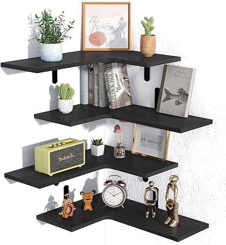 upsimples Juego de 4 estantes de pared flotantes de esquina, estantes de madera rústica para sala de estar, baño, dormitorio, decoración de cocina y