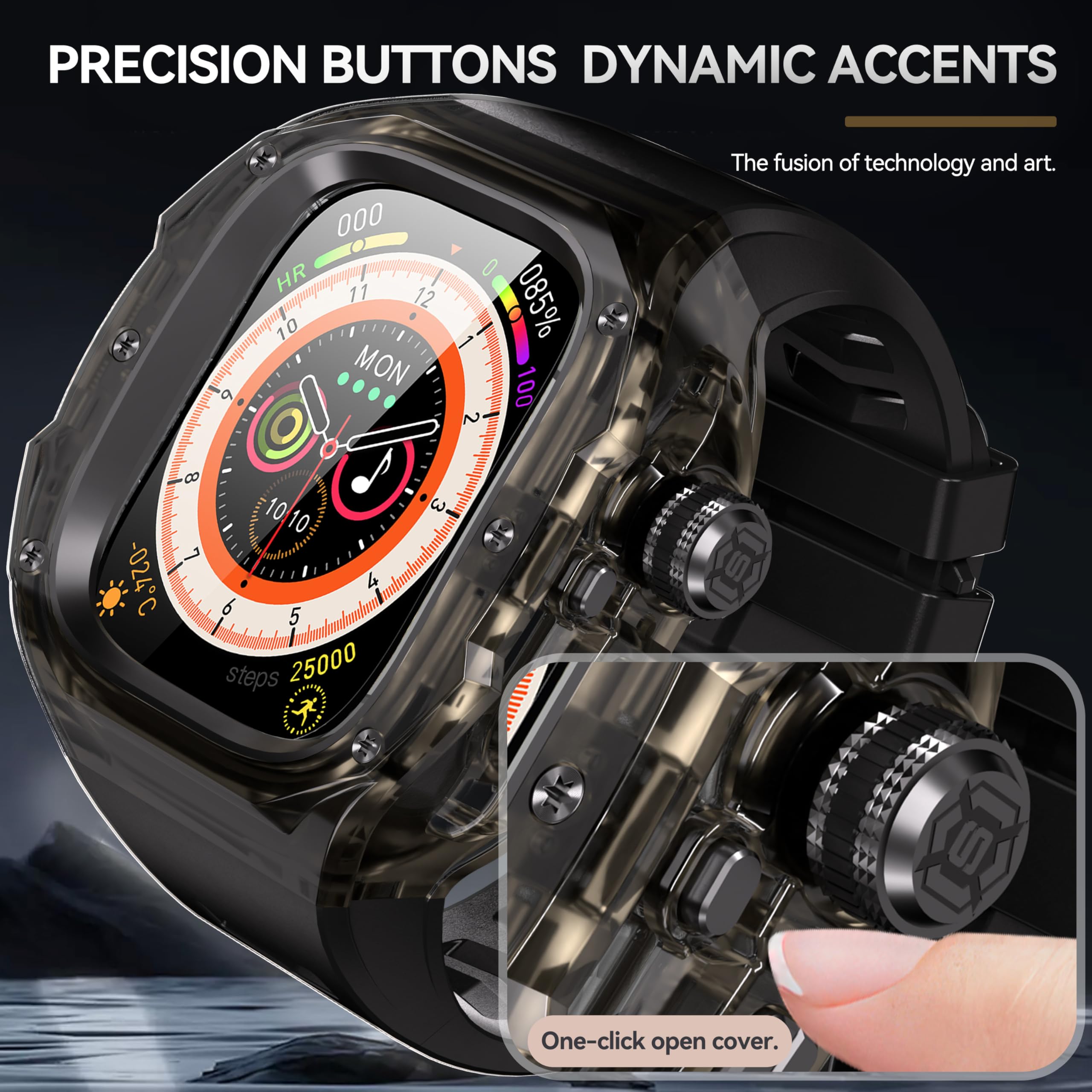Przezroczyste, designerskie wytrzymałe etui z paskiem kompatybilne z Apple Watch Ultra 3/Ultra2 49 mm, krystalicznie czysta wojskowa osłona ochronna, zderzak taktyczny pasek iWatch Ultra