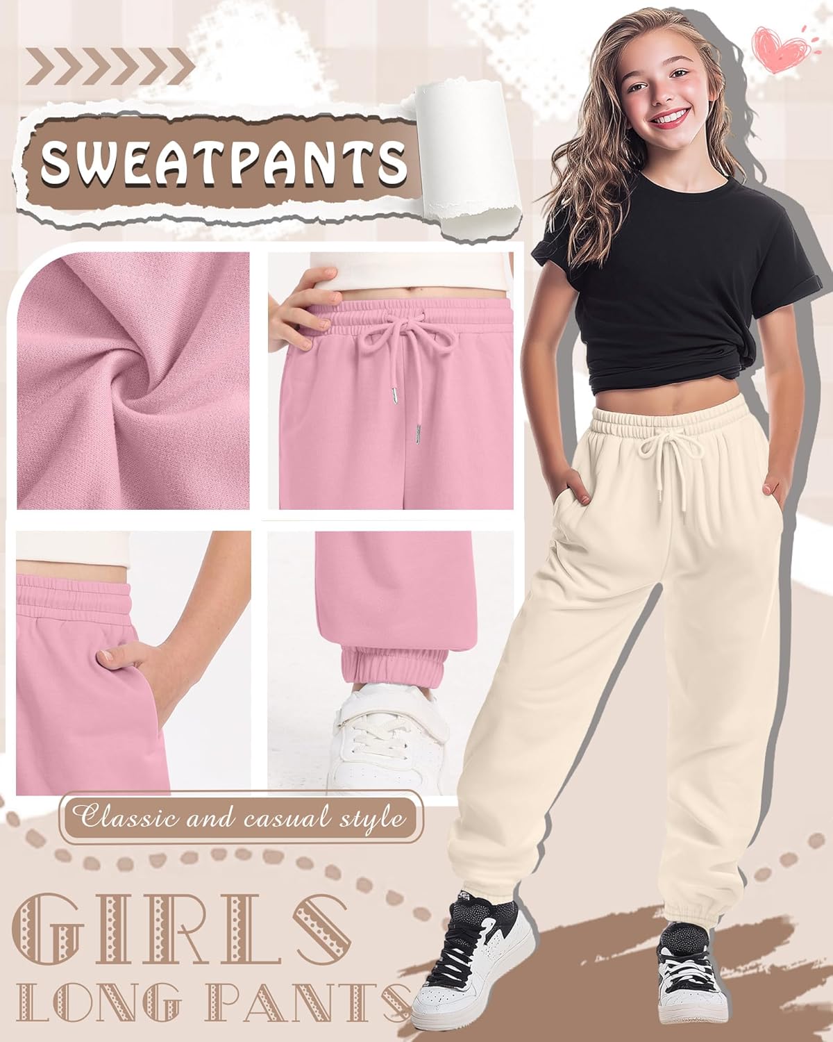 4 Pack Girls Sweatpants Lightweight High Waisted Drawstring Active Joggers Kids Soft Athletic Pants with Pockets