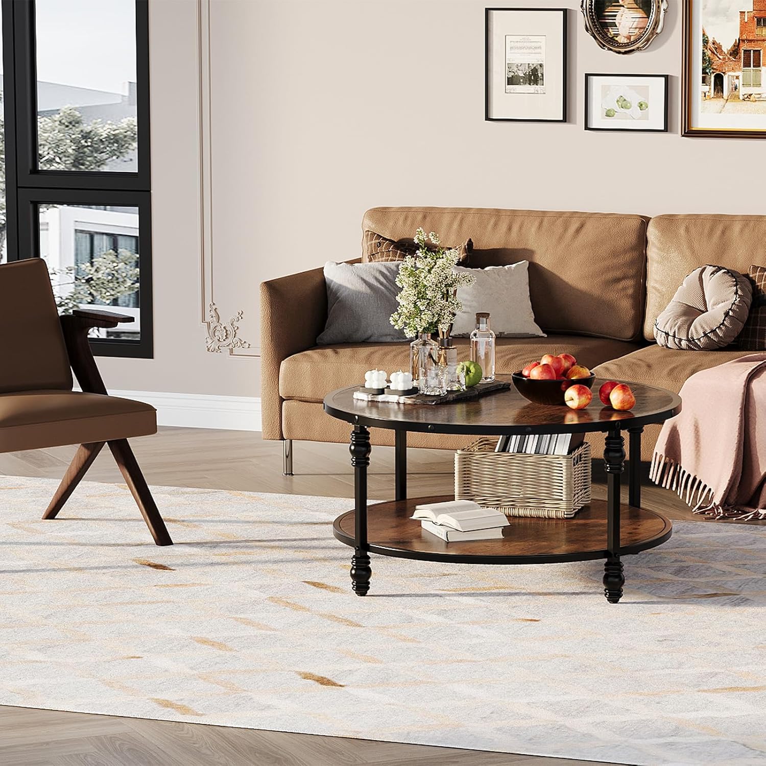 Round Coffee Table, Living Room Center Table with Storage Shelf, Rustic Wood Circle Coffee Table with Sturdy Metal Legs, 2-Tier Vintage Furniture for Living Room, Easy Assembly Accent Cocktail Table