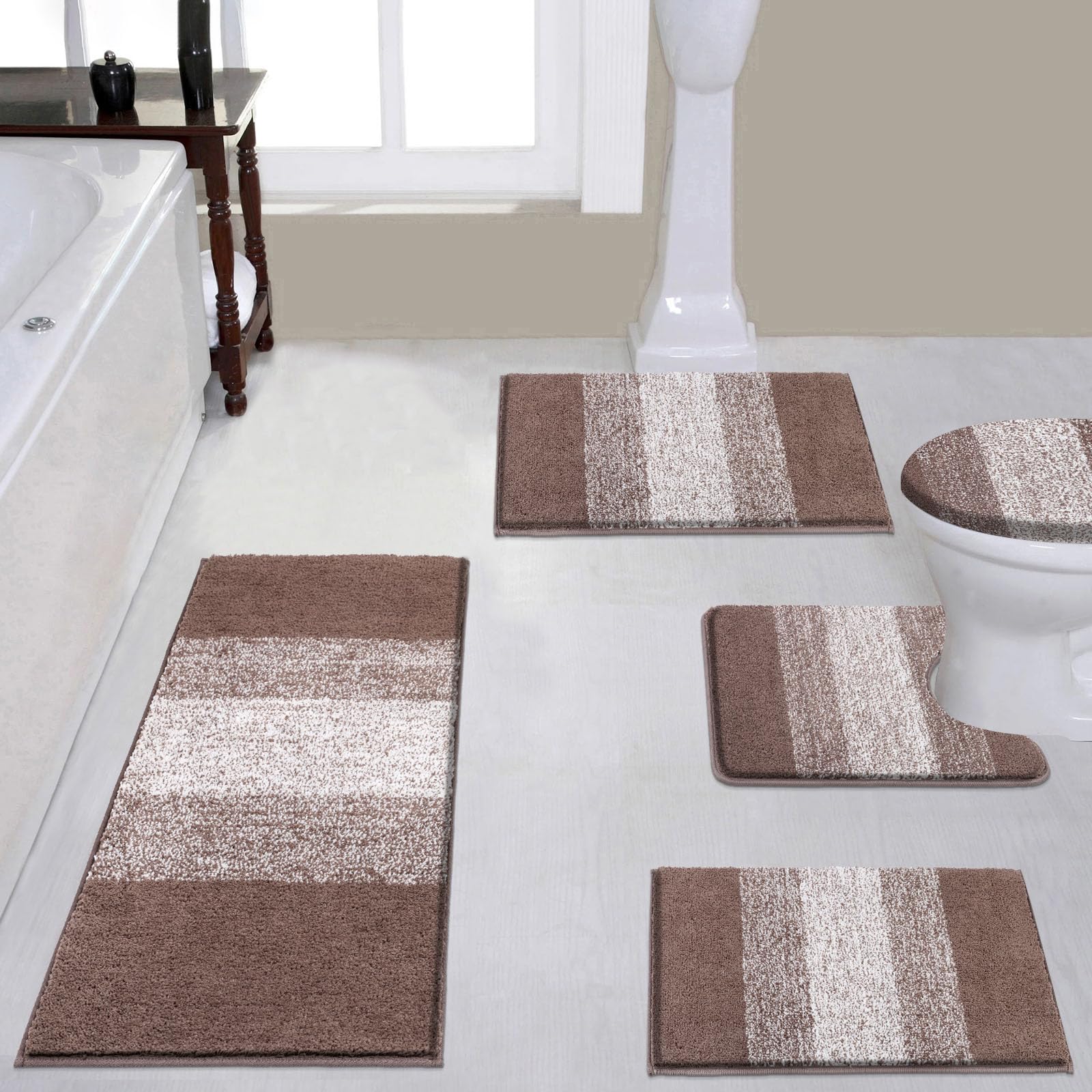 Vaukki 5 Piece Bathroom Rugs Set, Non Slip Shaggy Microfiber Plush Absorbent Washable Bath Shower Mats Runner for Tub (18''x26''+20''x32''+20''x47''+