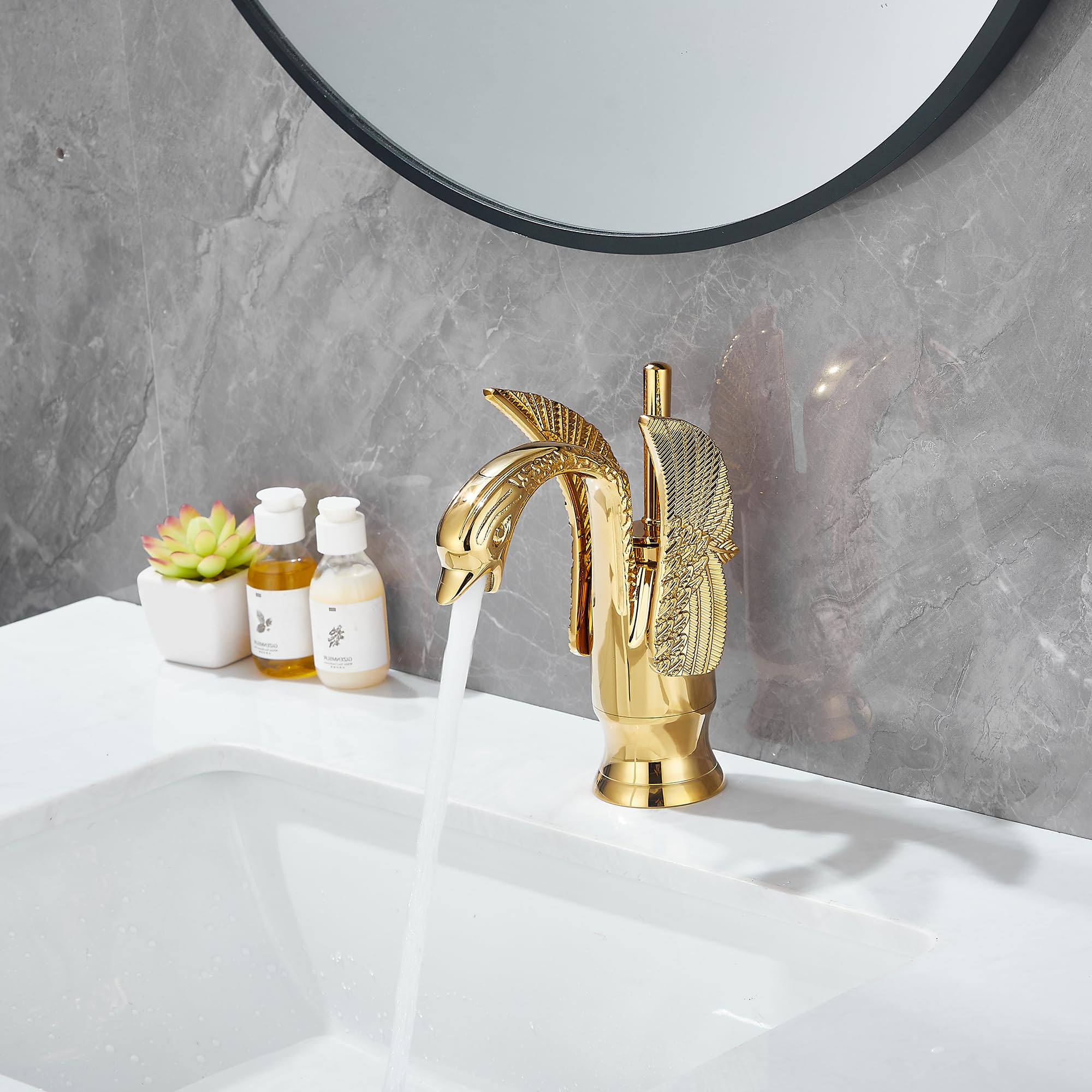 Grifo de baño dorado con forma de cisne GGStudy con un solo mango, un agujero, grifo de lavabo para lavabo