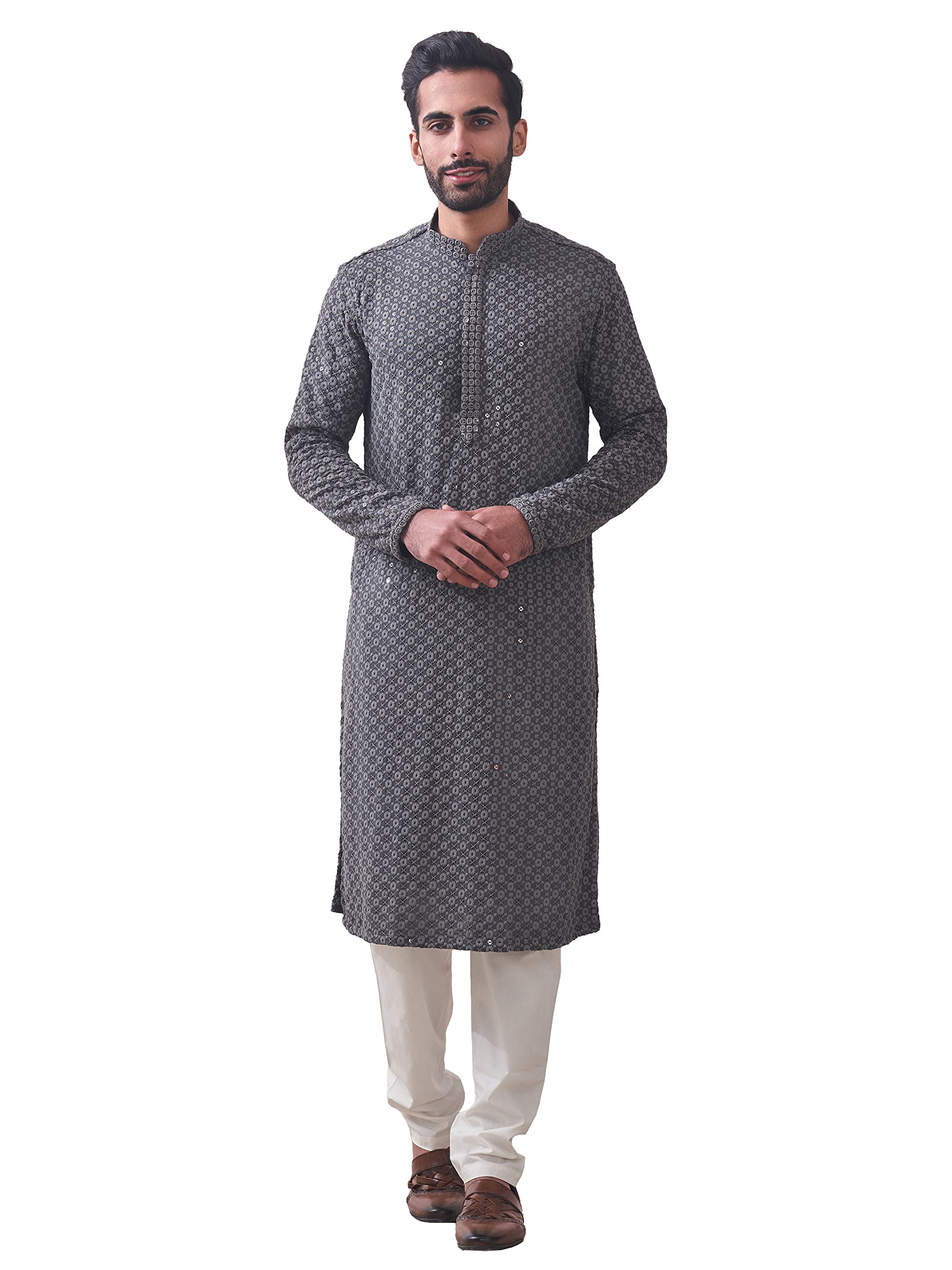 manyavar Men's Viscose Chikankari Sequin Embellished Kurta Set (2pcs)-picture-23