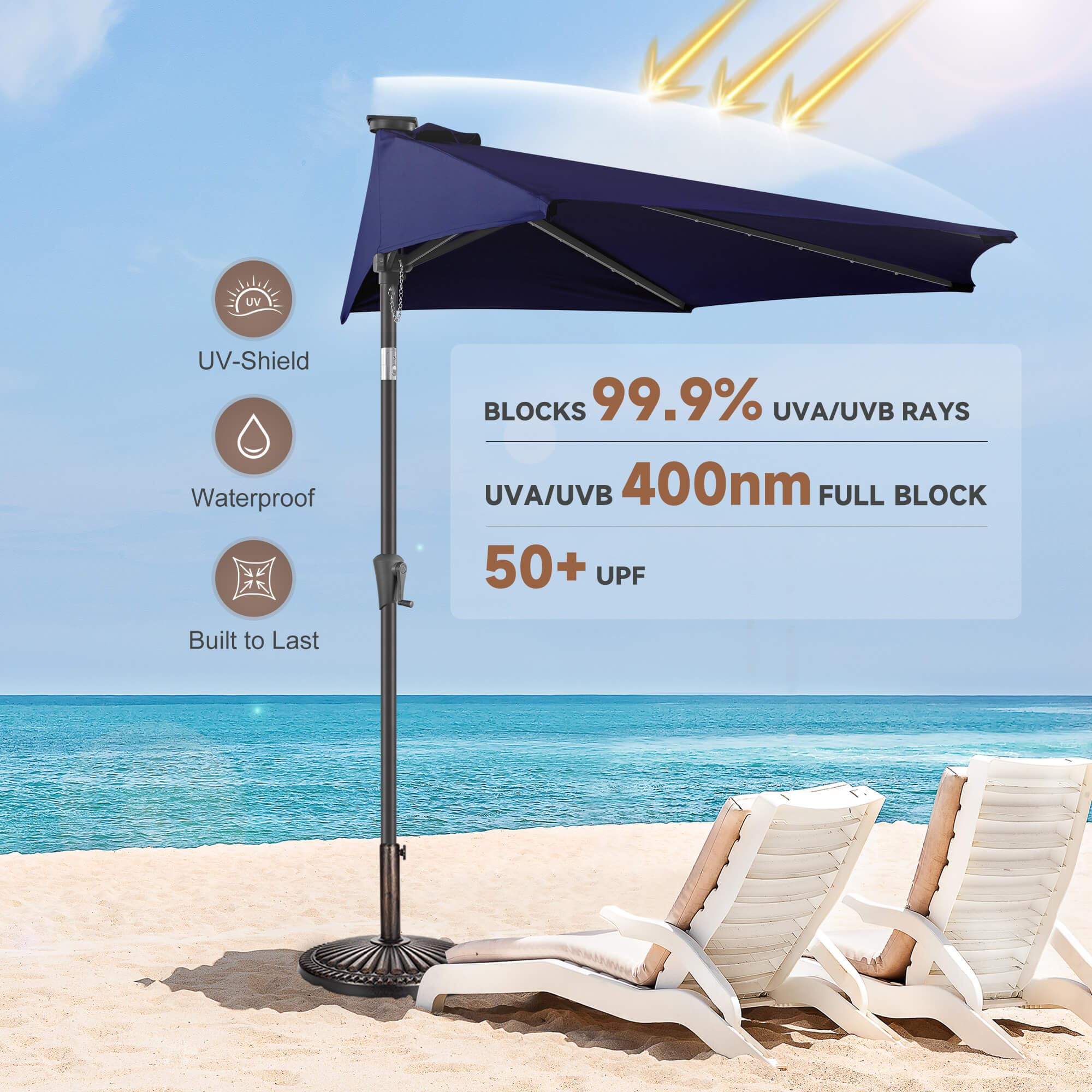 Amazon.com : FLAME&SHADE 9 ft Half Patio Umbrella Solar with Tilt, Navy Blue
