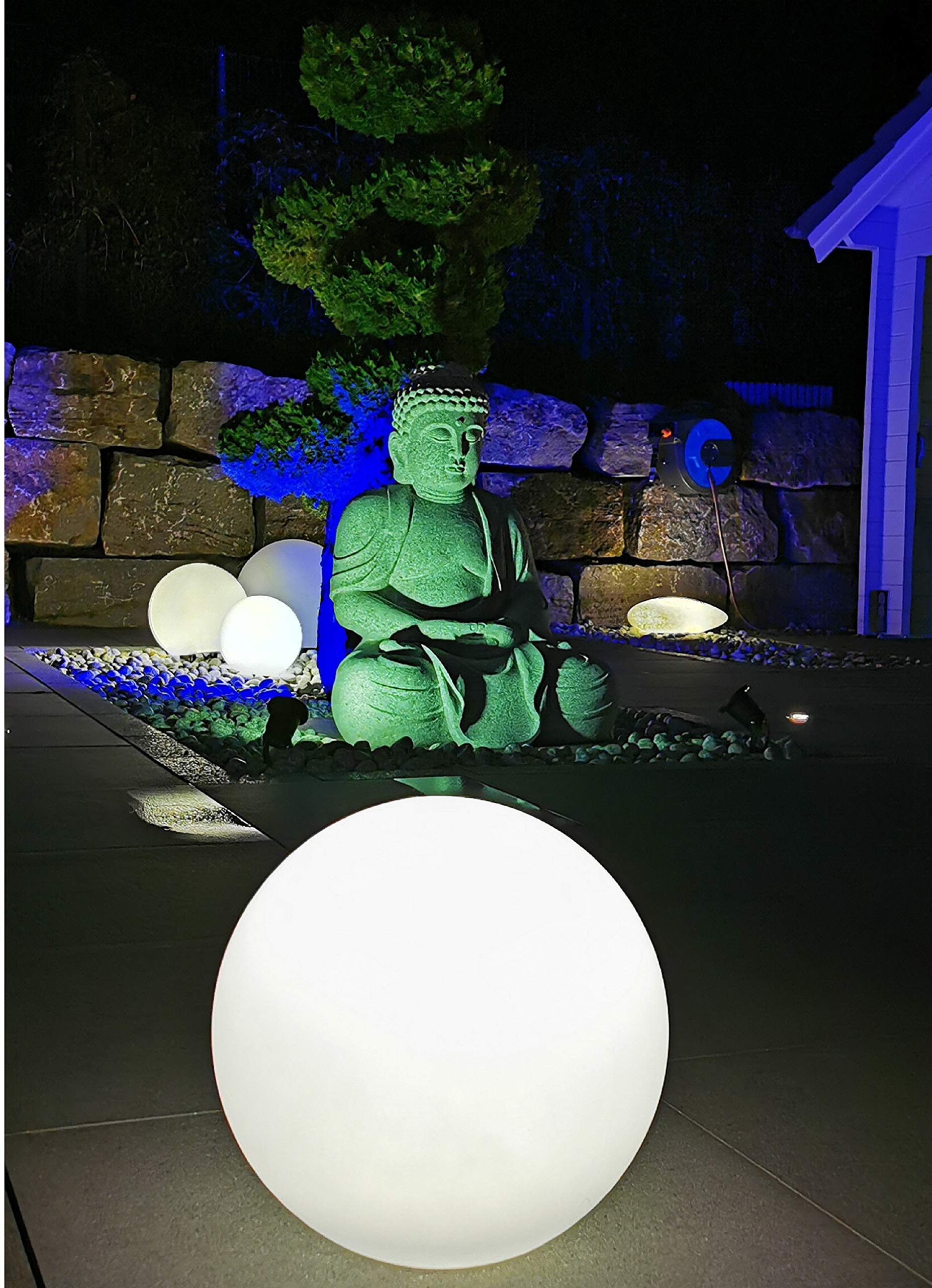 TRANGO Boule de jardin 200W IP65 20cm Ø en aspect pierre naturelle blanc mat *SNOW* avec câble d'alimentation IP44 de 5 mètres avec 1x douille E27, boule lumineuse, lampe de jardin, lumière extérieure