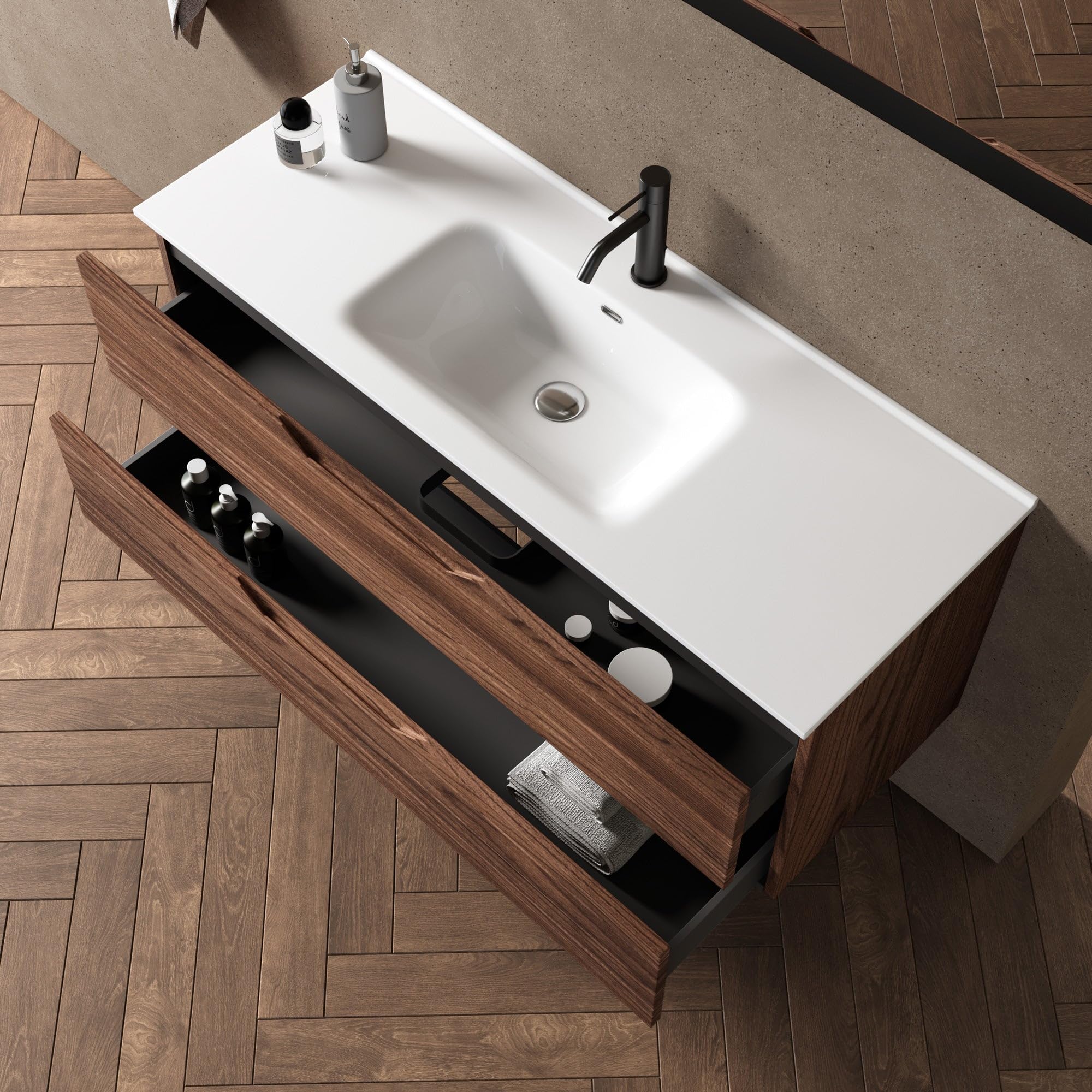 AQA DESIGN accessori casa composizione 4 pezzi bagno, base sospesa con frontali in MDF, finitura rovere rio, nr2 cassetti con scorrimento e chiusura - Rovere - 121x46,5x190 cm