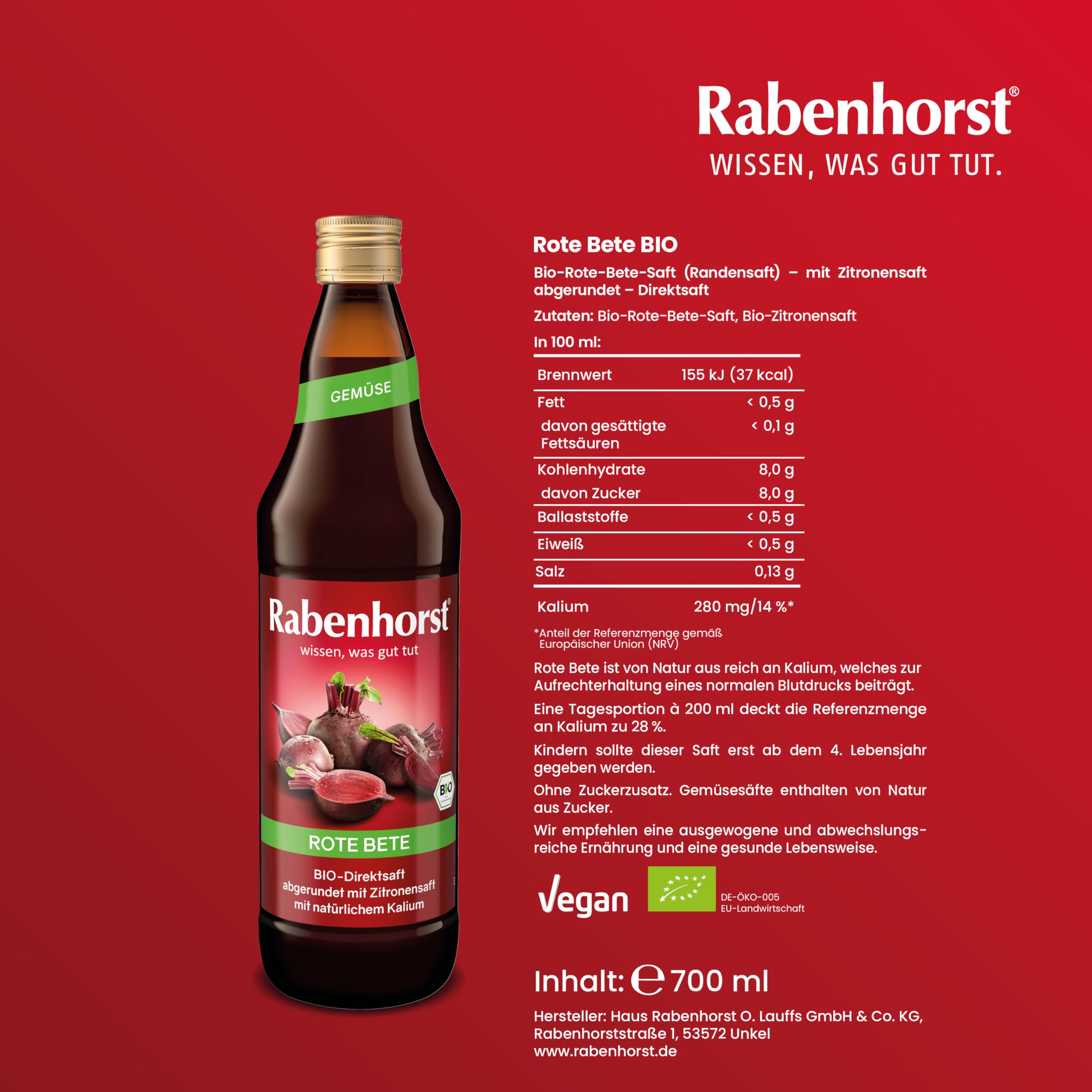 RABENHORST Rote Bete BIO 6er Pack (6 x 700 ml) - Hochwertiger Rote-Bete-Saft aus 100 % Direktsaft mit Zitronensaft abgerundet | Hochwertiger Rote-Bete-Saft aus 100 % Direktsaft mit Zitronensaft abgerundet