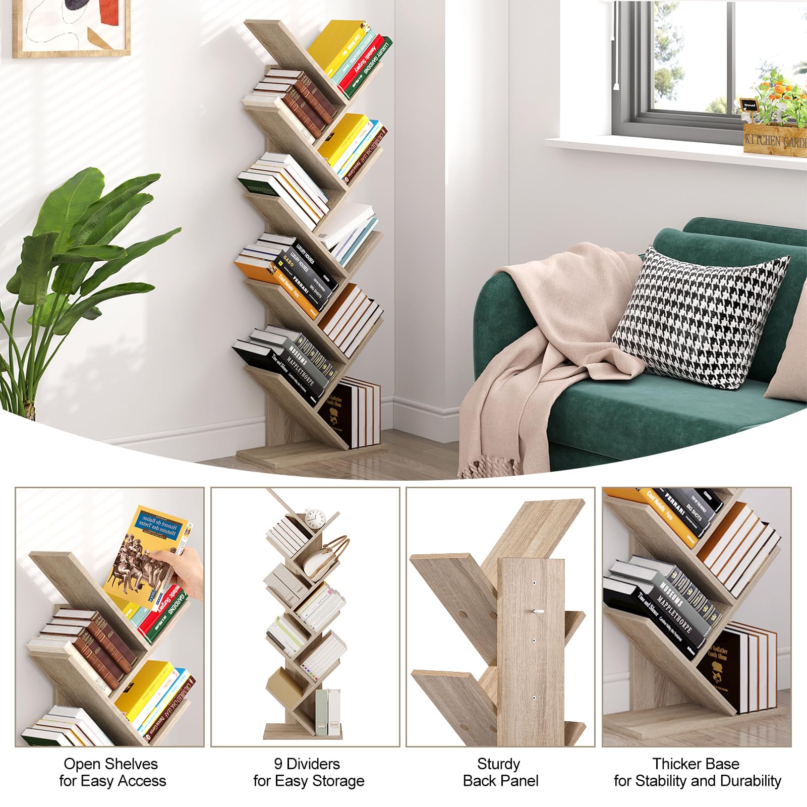 EUGAD Estantería para Libros Librería de Árbol de Almacenamiento de Oficina Estante Soporte de CD DVD con 8 Niveles, 40x20x127cm, Roble Claro