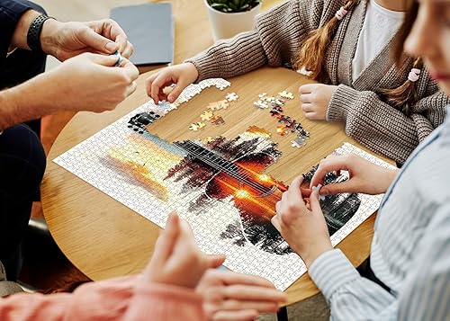 Miniatura 6 de Rompecabezas coloridos de bosque de guitarra para adultos, 1000 piezas, hermoso paisaje de arte, lago, puesta de sol, rompecabezas de paisaje de