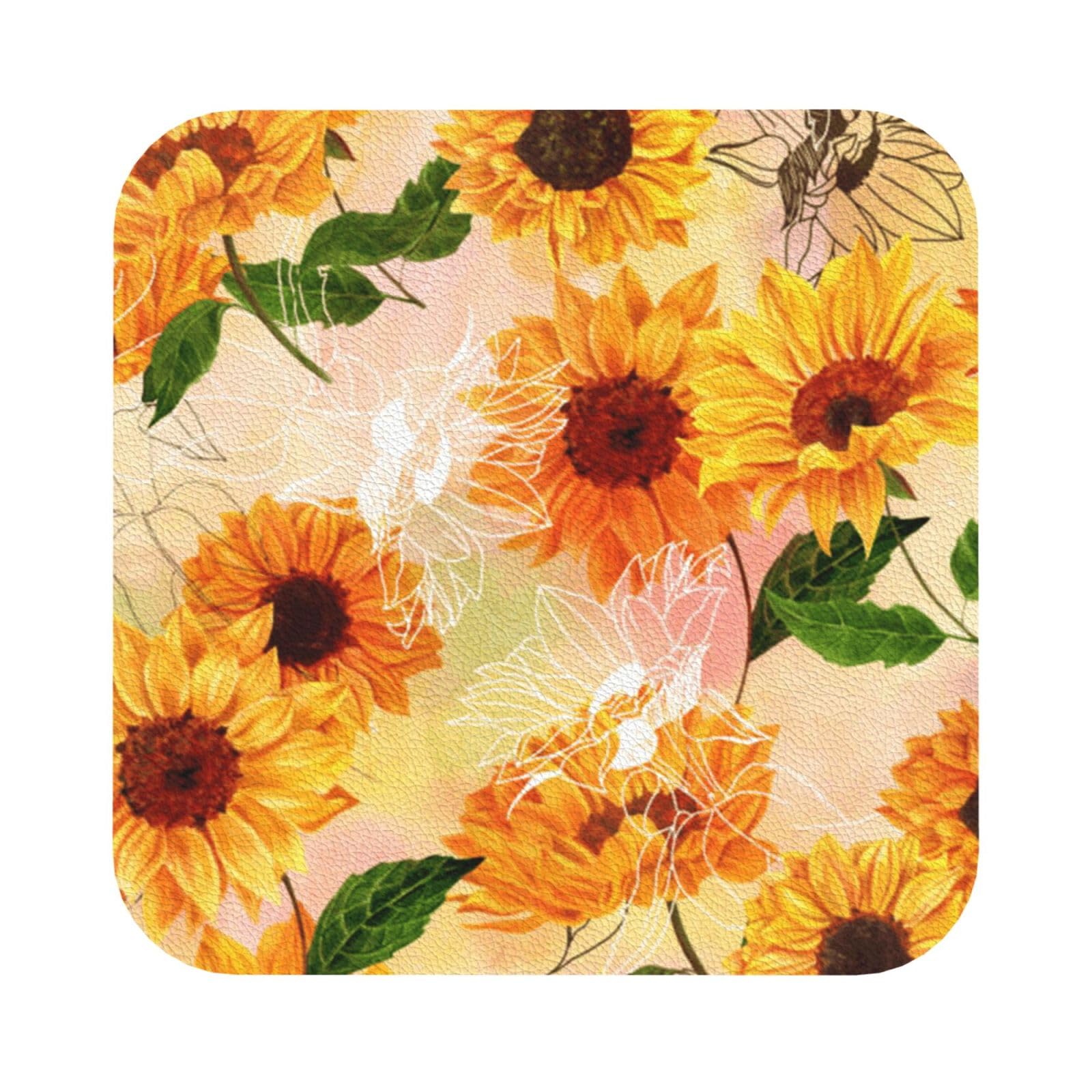 Beautiful sunflower PU Leather Coasters Set of 6 Square Drink Coasters