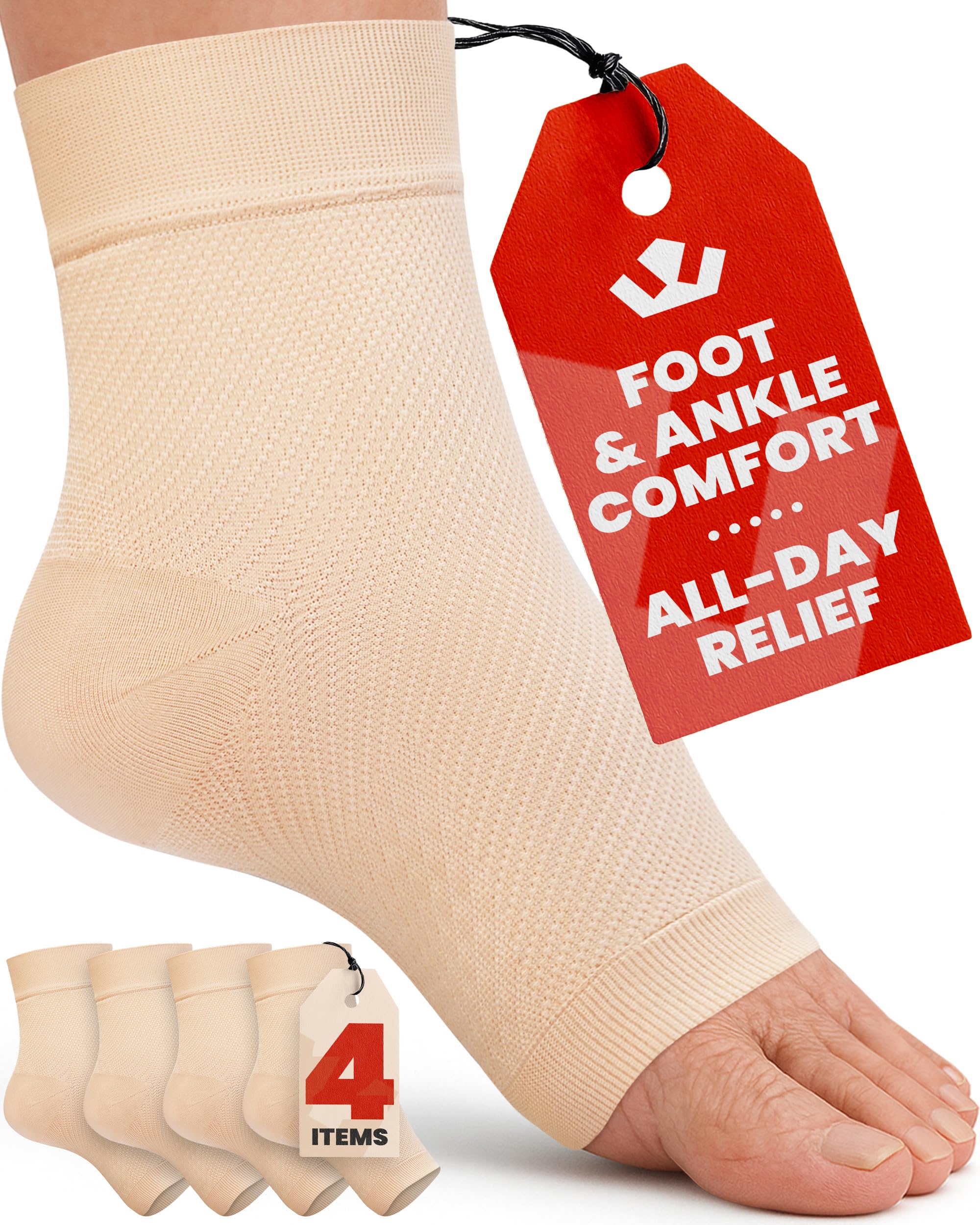 KEMFORD Ankle Compression Sleeve - 2-Pairs, Plantar Fasciitis Braces - Open Toe Compression Socks for Swelling, Sprain, Neuropathy, Foot Arch Support for Men and Women - 20-30mmhg, M, Beige