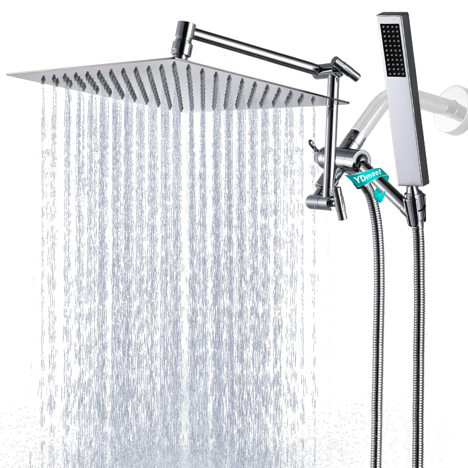 All Metal Rain Shower Head with Handheld Combo, YDmeet 12 Inch Rainfall Shower Head, Stainless Steel Hand Wand, 3 Way Diverter, Adjustable 14" Extension Arm w/Lock Joints, 71" Extra Long Hose, Chrome