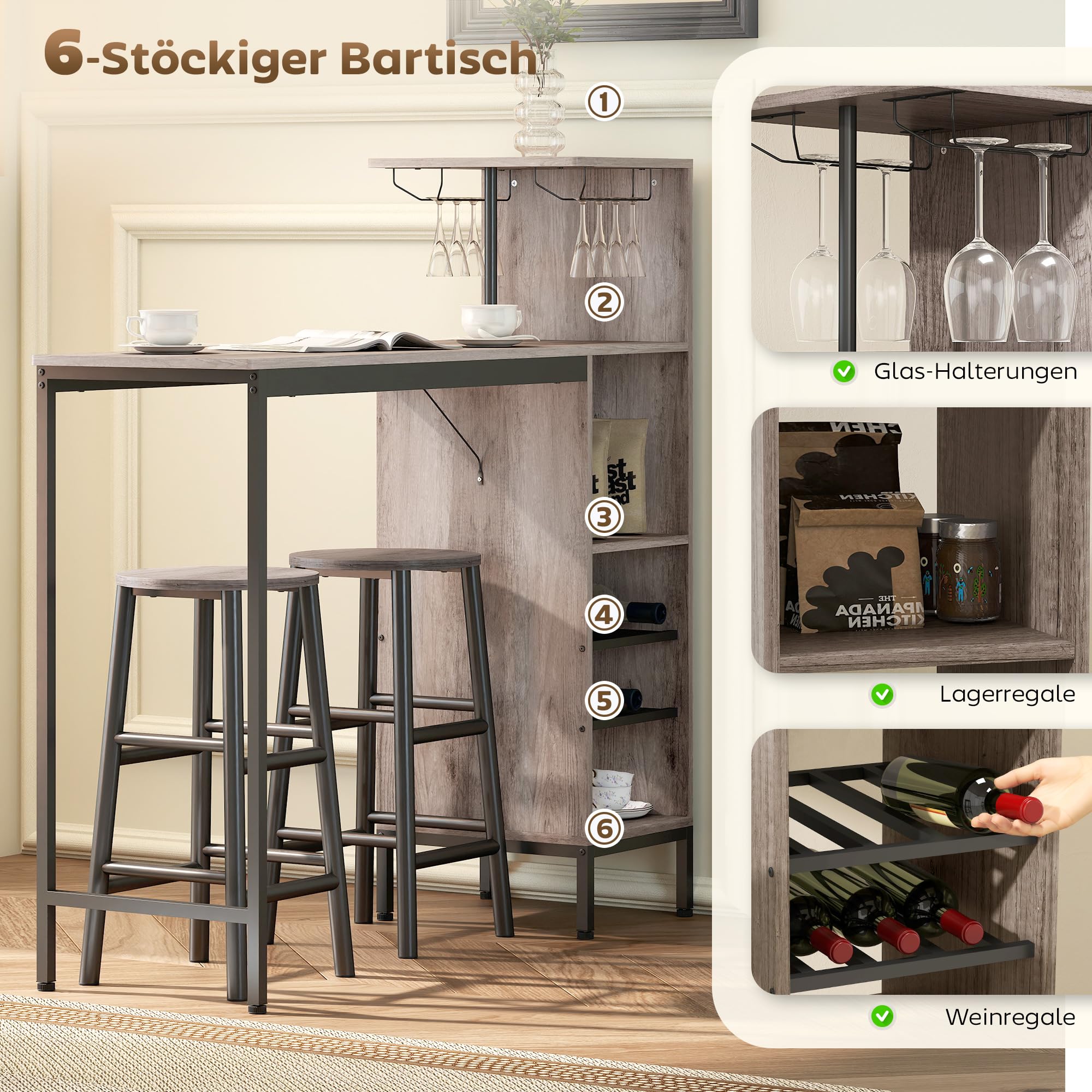 HOMCOM Bartisch mit Barhocker Set Tresentisch mit 2 Stühlen mit Fußstütze, Esstisch mit Weinglashalter, Ablage, Weinregal, Industrial Bartisch Set für Esszimmer, Kleine Raum, Grau