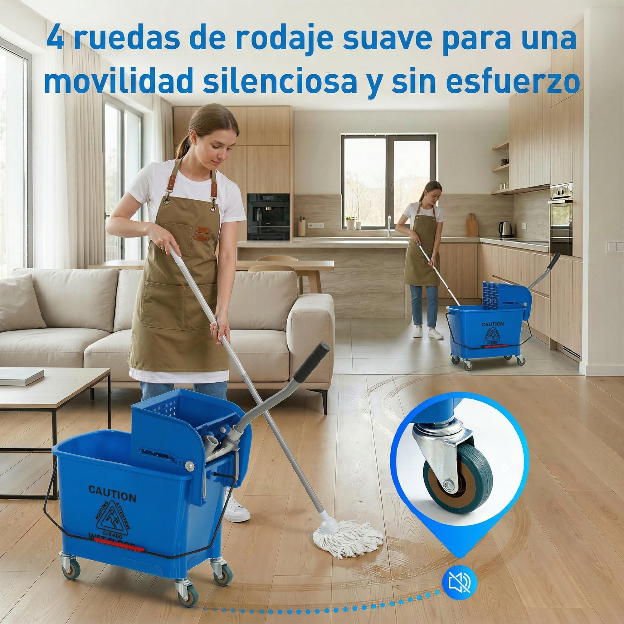 HOMCOM Cubo de Fregona con Ruedas Capacidad de 20 L Cubo de Fregar con Sistema de Escurridor Mopa y Asa de Transporte para Doméstico y Comercial Azul