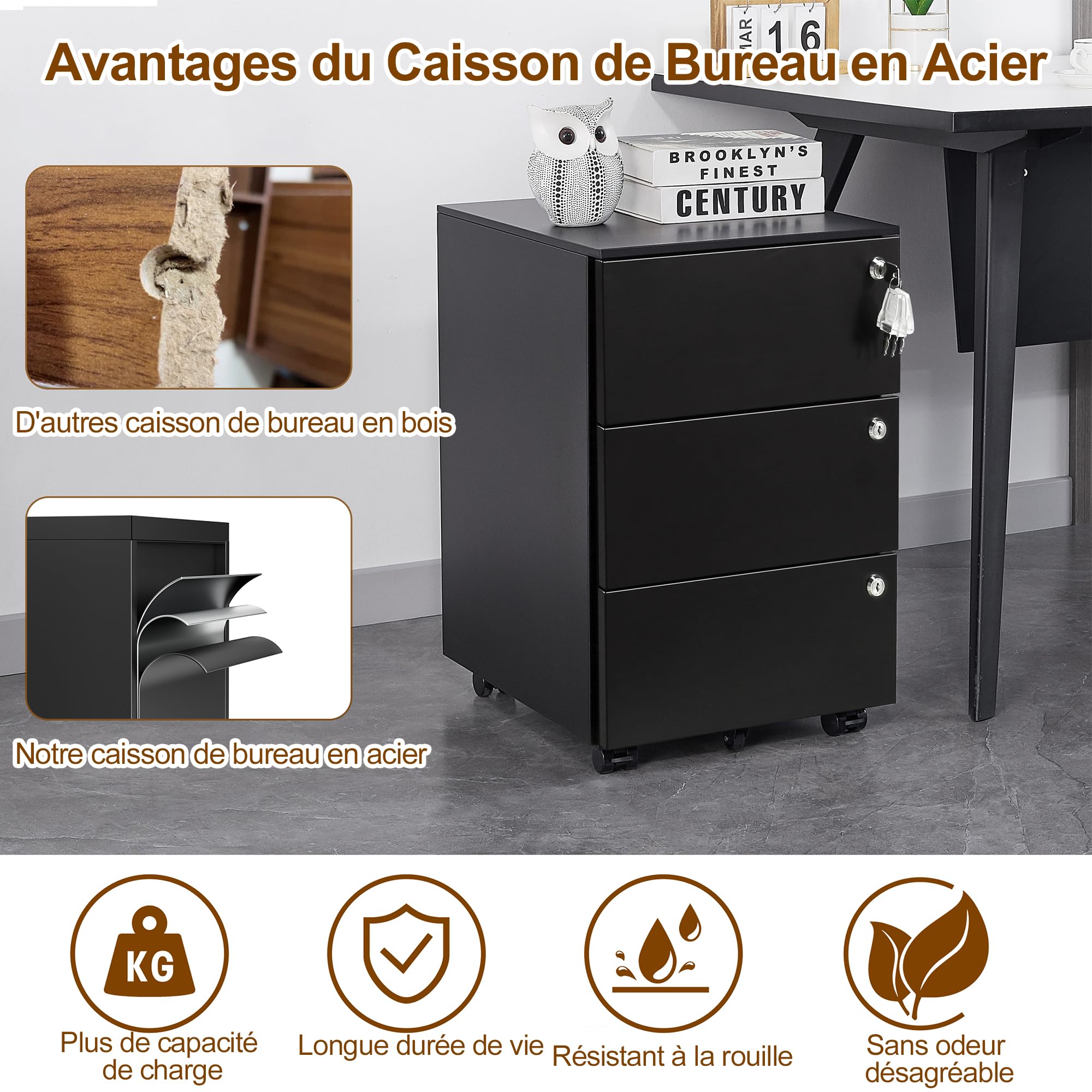 Caisson de Bureau, Meuble de Rangement Bureau, avec 3 Serrures, 4 Clés, Caisson à Tiroirs, 3 Tiroirs, Armoire Métallique, Prémonté, Noir