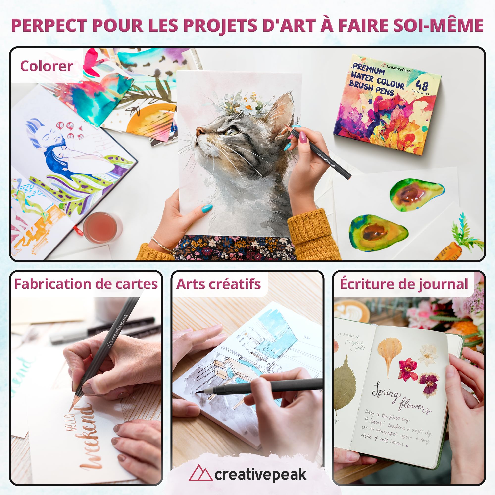 Creativepeak Stylos pinceaux aquarelle, 48 marqueurs de coloration à pointe souple avec 2 estompeurs, ensemble de stylos aquarelle pour calligraphie et lettrage