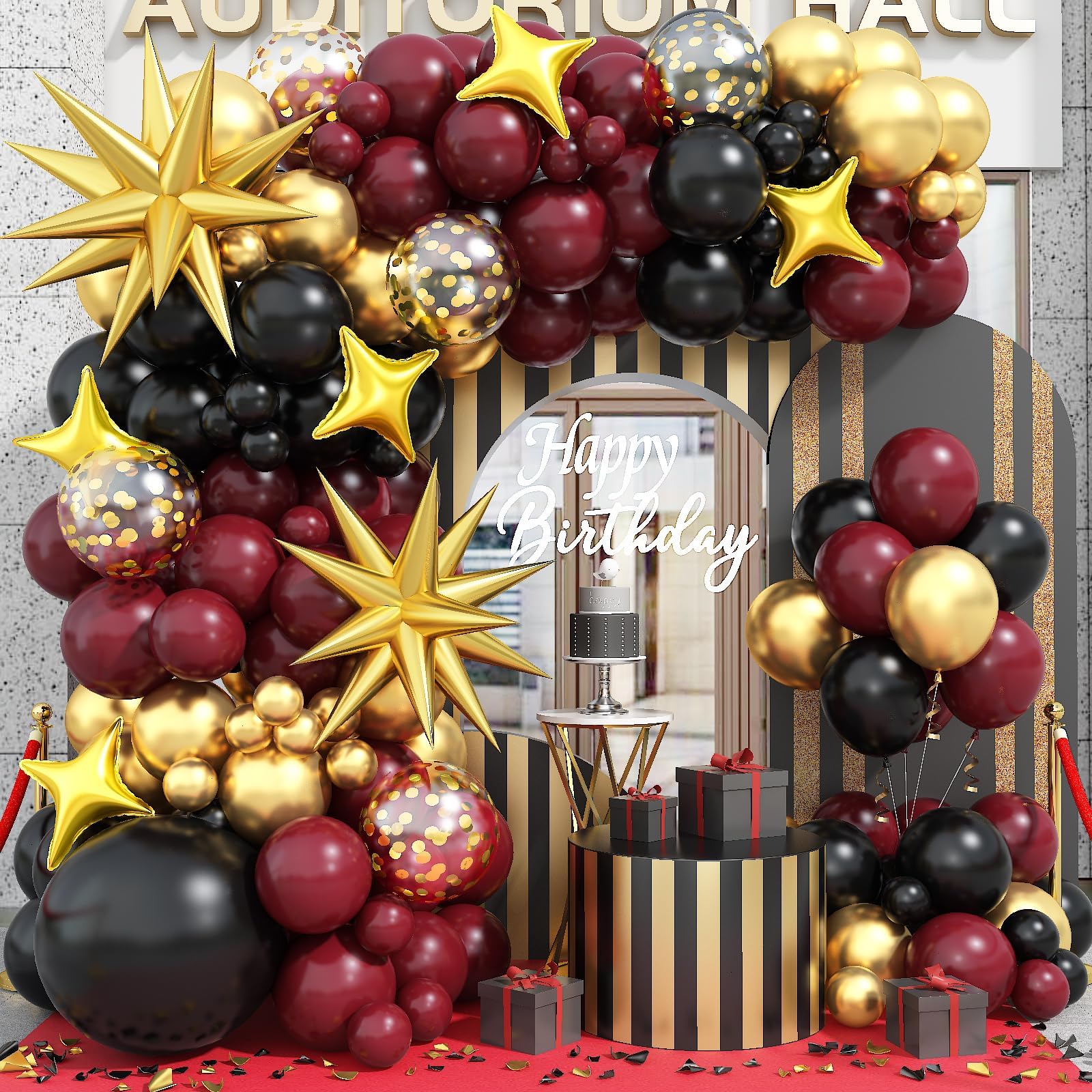 Black Burgundy Gold Balloons Arch Kit, Maroon Black Gold Balloons Arch Garland, 98Pcs Black Red Metallic Gold Balloons with Stars Balloon for Birthdays Retirement Graduation Celebrations Class of 2025
