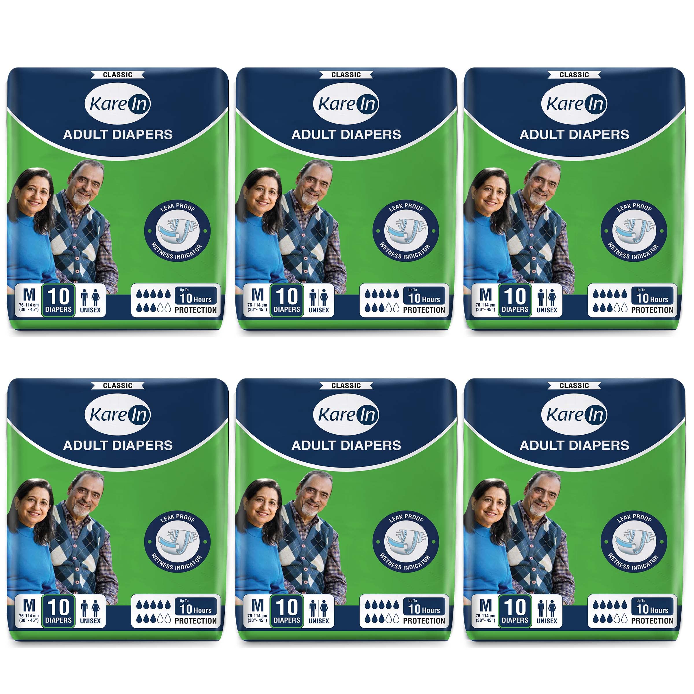 KareIn Classic Adult Diapers, Medium, Waist Size 76-114 Cm (30"-45"), 60 Count, Tape Style, Unisex, High Absorbency, Leak Proof, Wetness Indicator, pack of 6
