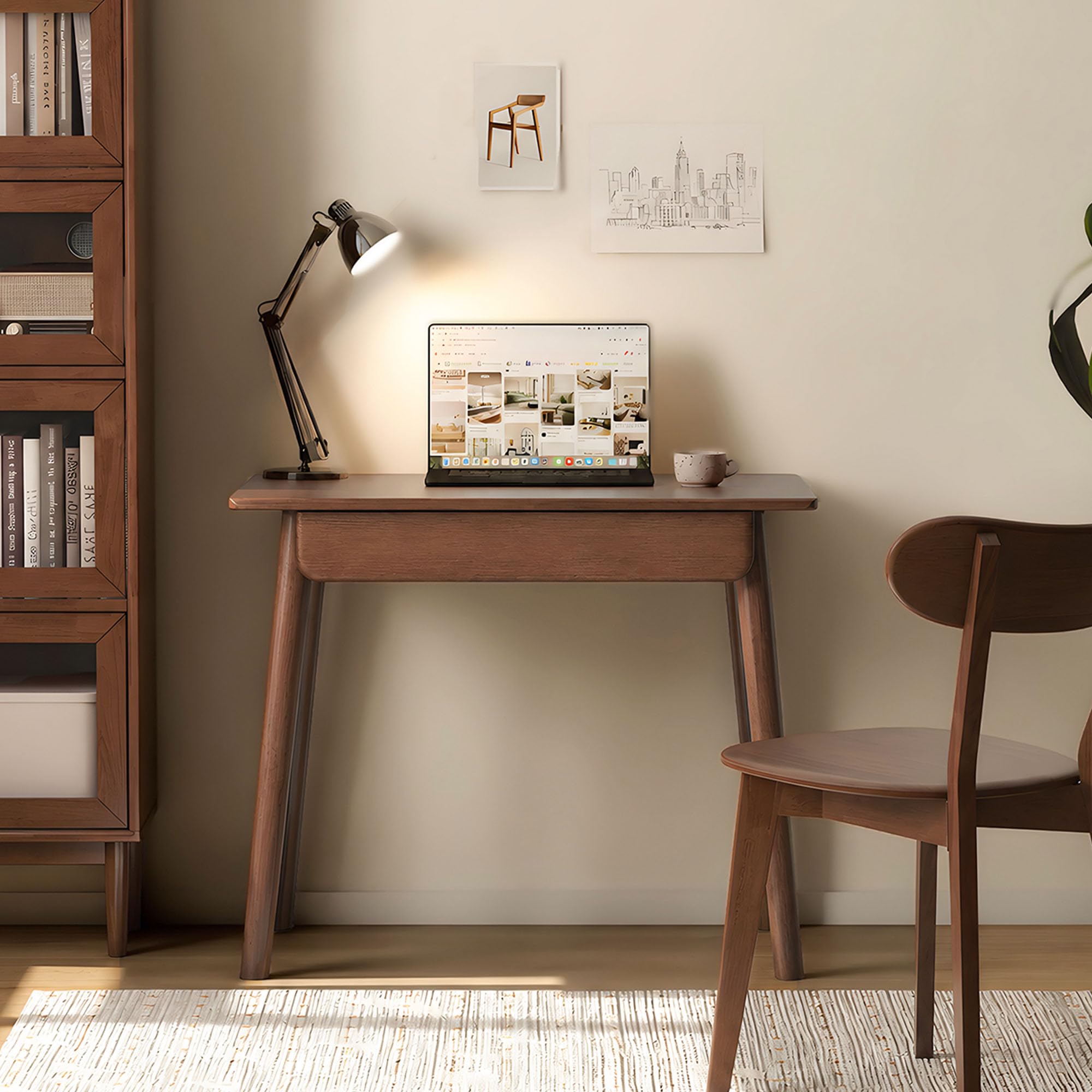 100% Solid Wood Desk with Drawers, Mid Century Modern Writing Desk, Walnut Color Office Desk for Study Bedroom Living Room 31.49" W