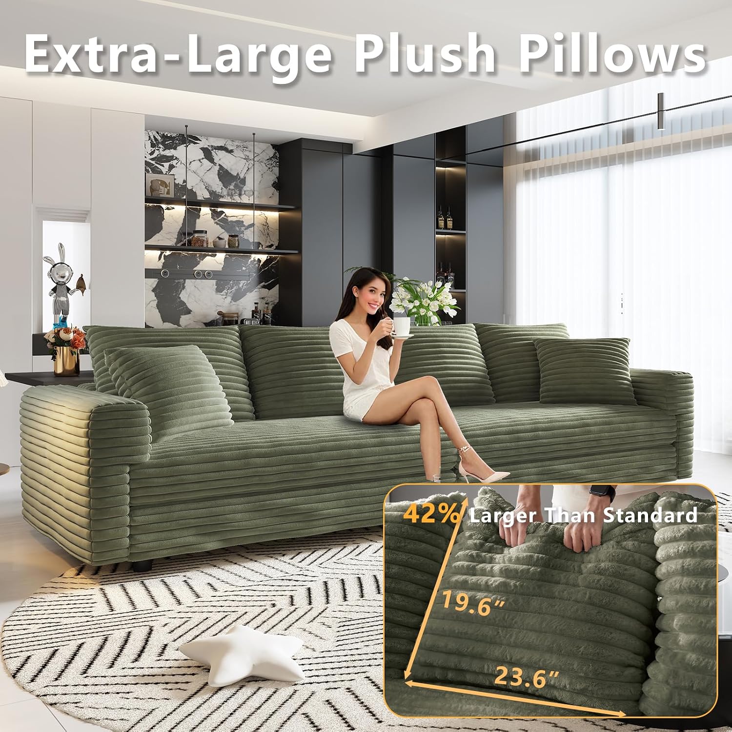 102.4" Oversized Cloud Couch, Convertible 4 Deep Seat Foam Sofa Couch, 2 in 1 Plush Corduroy Sofa with 6 Soft Pillows, Modern Modular Sectional Couches for Living Room, Apartment, Green