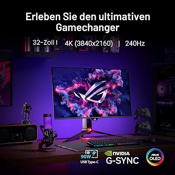 asus rog swift oled pg32ucdm 32 inch 4k uhd gaming monitor 240 hz 0.03 ms gtg g-sync freesync adaptivesync 10-bit displayhdr 400 qd 16: 9 3840 x 2160 dp 1.4 hdmi