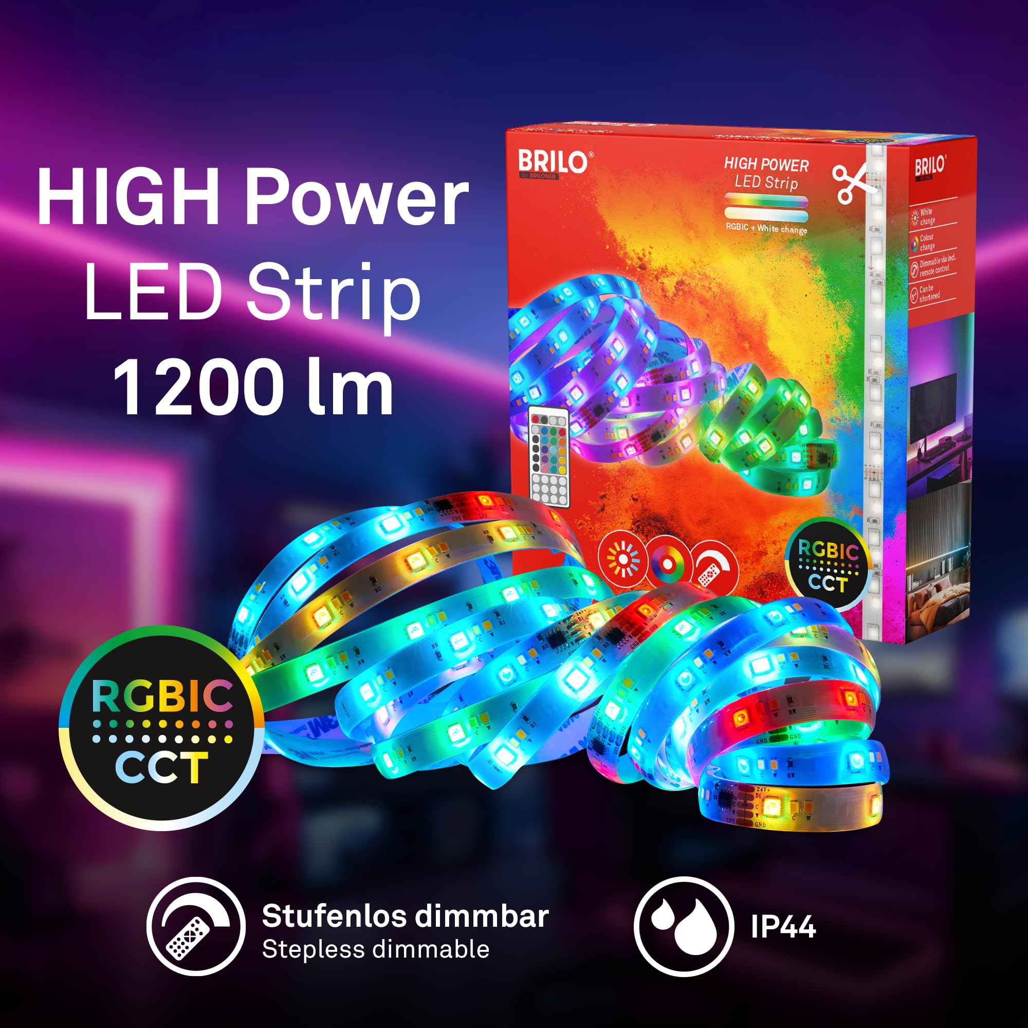 BRILONER - LED Strip 5m mit Fernbedienung, dimmbar, RGB IC dynamischer Farbwechsel, CCT, LED Streifen, Leiste, Zimmer Deko, Gaming Deko, Band, Party, Lichtleiste, 5000x10x3 mm, Weiß
