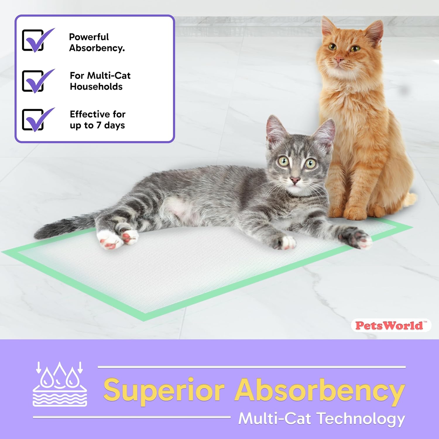 PETSWORLD Multi Cat Pad Refills for Cats Breeze Litter System, Ultra-Absorbent, Quick Dry - (50 Count, Unscented)