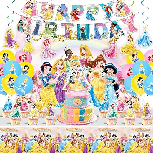 Princess Birthday Party Supplies, Party Decorations Set Include Banner, Backdrop, Balloons, Hanging Swirls, Cake Cupcake Toppers, Tablecloth for Girls Princess Theme Party