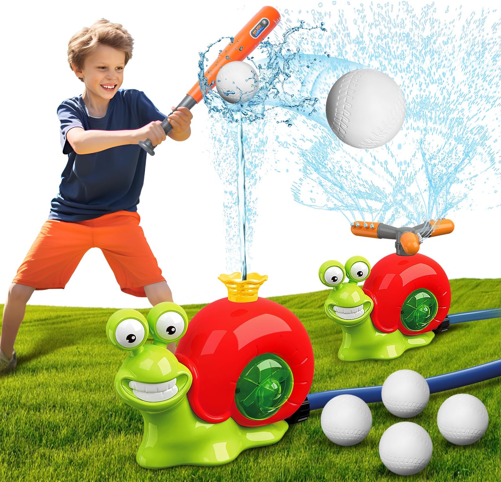 VATOSWater Sprinkler Baseball Toy for Kids Outdoor Play, 2 in 1 Snail Summer Water Game with 2 Sprinkler Heads, 360° Roating Spray Water Baseball for Boys Girls Summer Backyard Lawn Pool Party Fun