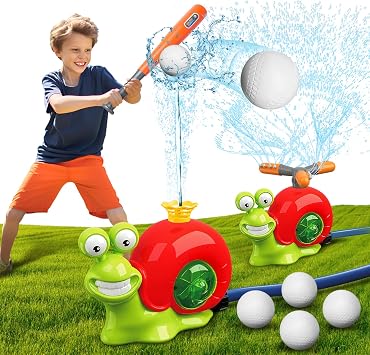 VATOS Water Sprinkler Baseball Toy for Kids Outdoor Play, 2 in 1 Snail Summer Water Game with 2 Sprinkler Heads, 360 Roating Spray Water Baseball for Boys Girls Summer Backyard Lawn Pool Party Fun