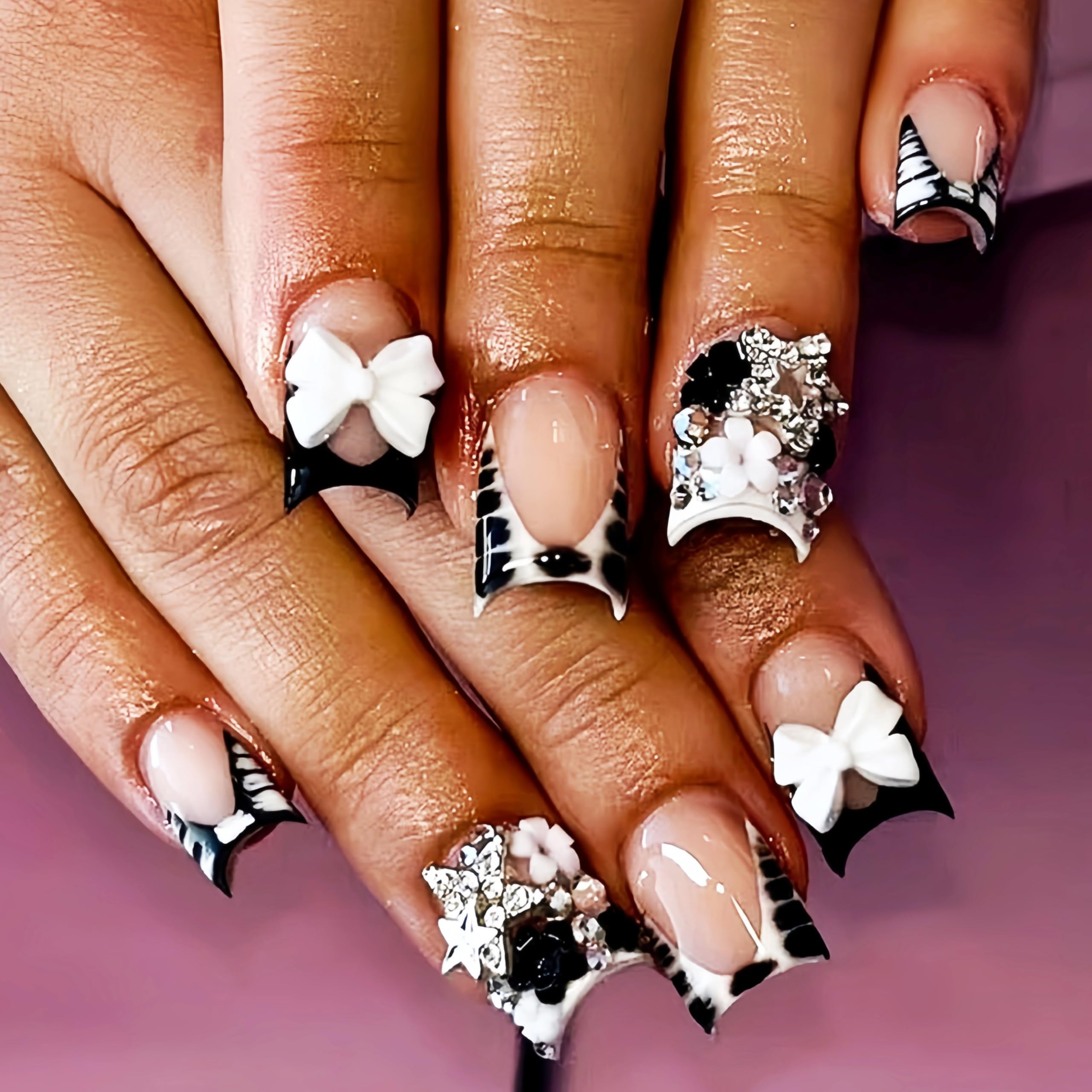 24Pcs French Tip Press on Nails Short Square Fake Nails 3D Star Charms Rhinestones French with Cute White Bow Glitter Design Polka Dot Gradient