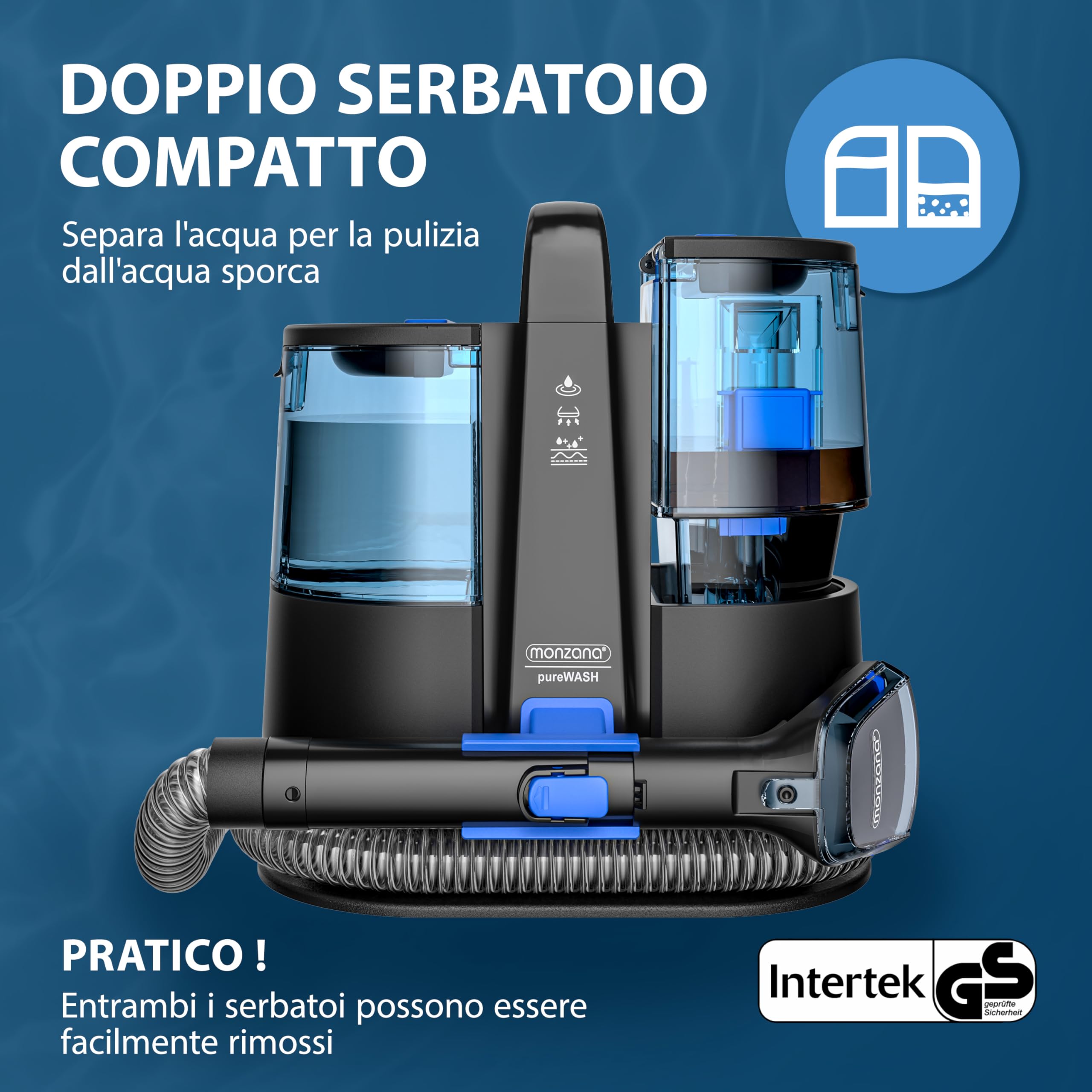 MONZANA Lavatappeti Aspirapolvere Tappeto Lava Divano Moquette Auto con Doppio Serbatoio Aspira Liquidi Pulisci Tappezzeria Tubo da 1,2 m Raggio d´Azione 5,5 m