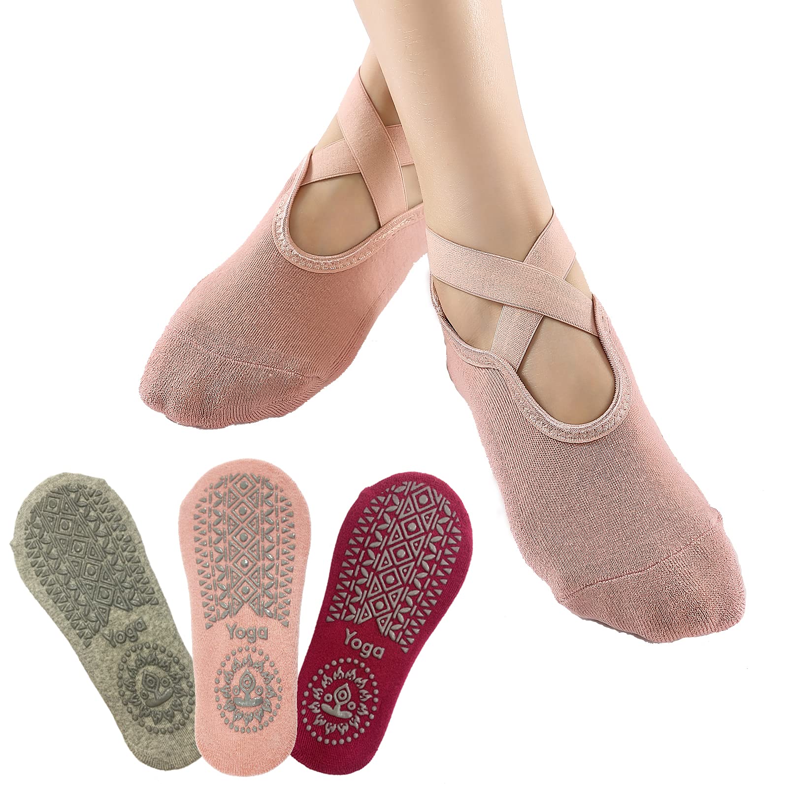 Kaquting Yoga Socks with Grips Non Slip for Women Pilates Barre Dance Pink 3 pairs