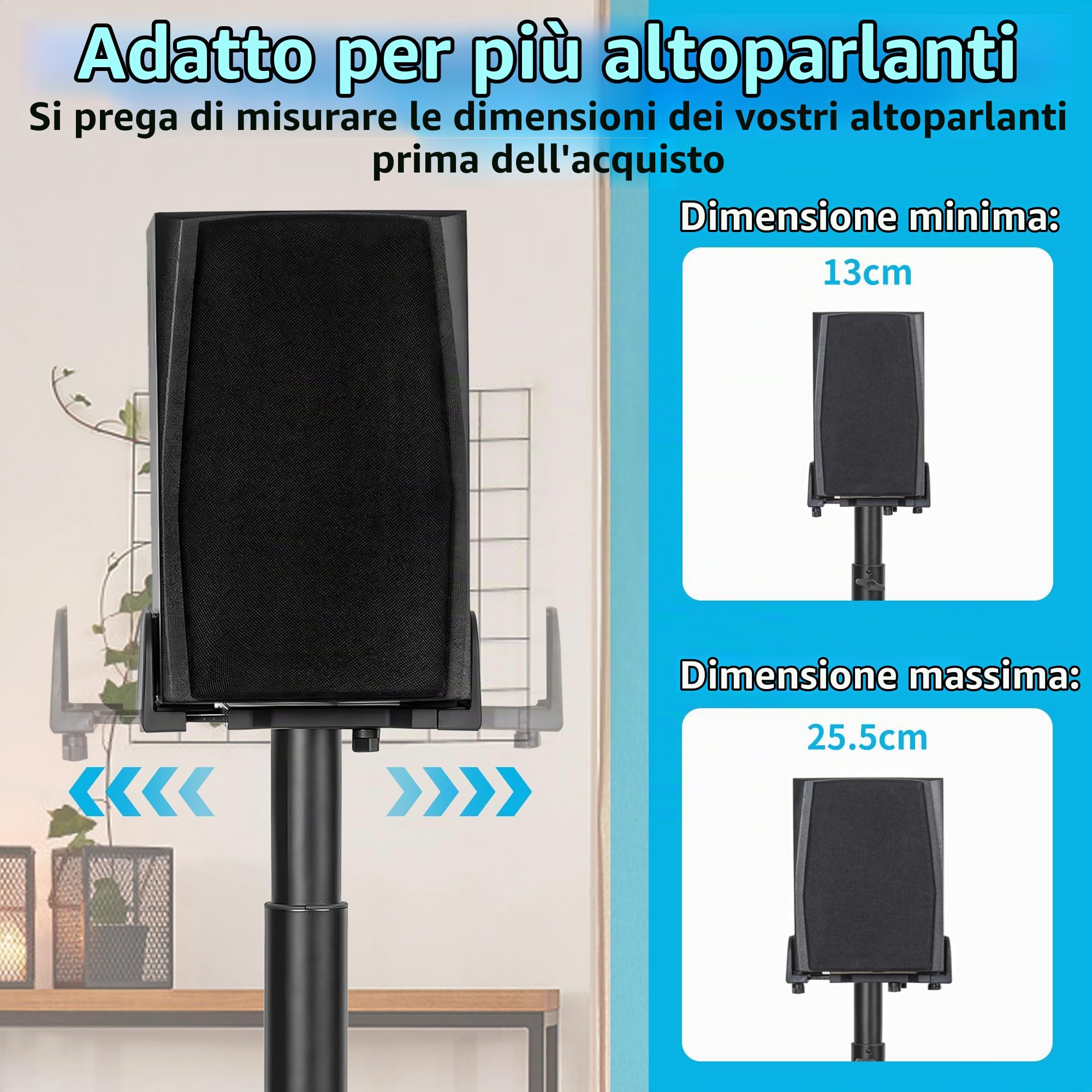 OUUTMEE Supporto per altoparlante regolabile in altezza, 1 paio di supporti da pavimento con ripiano regolabile per satelliti e altoparlanti da scaffale, per altoparlanti da scaffale fino a 5 kg con