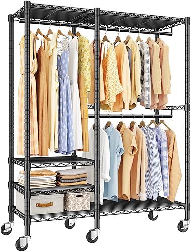 Miniatura 6 de Raybee Perchero de ropa de 79 pulgadas de alto, armario portátil con ruedas y estantes ajustables de 4 niveles, estantes de ropa para colgar ropa,